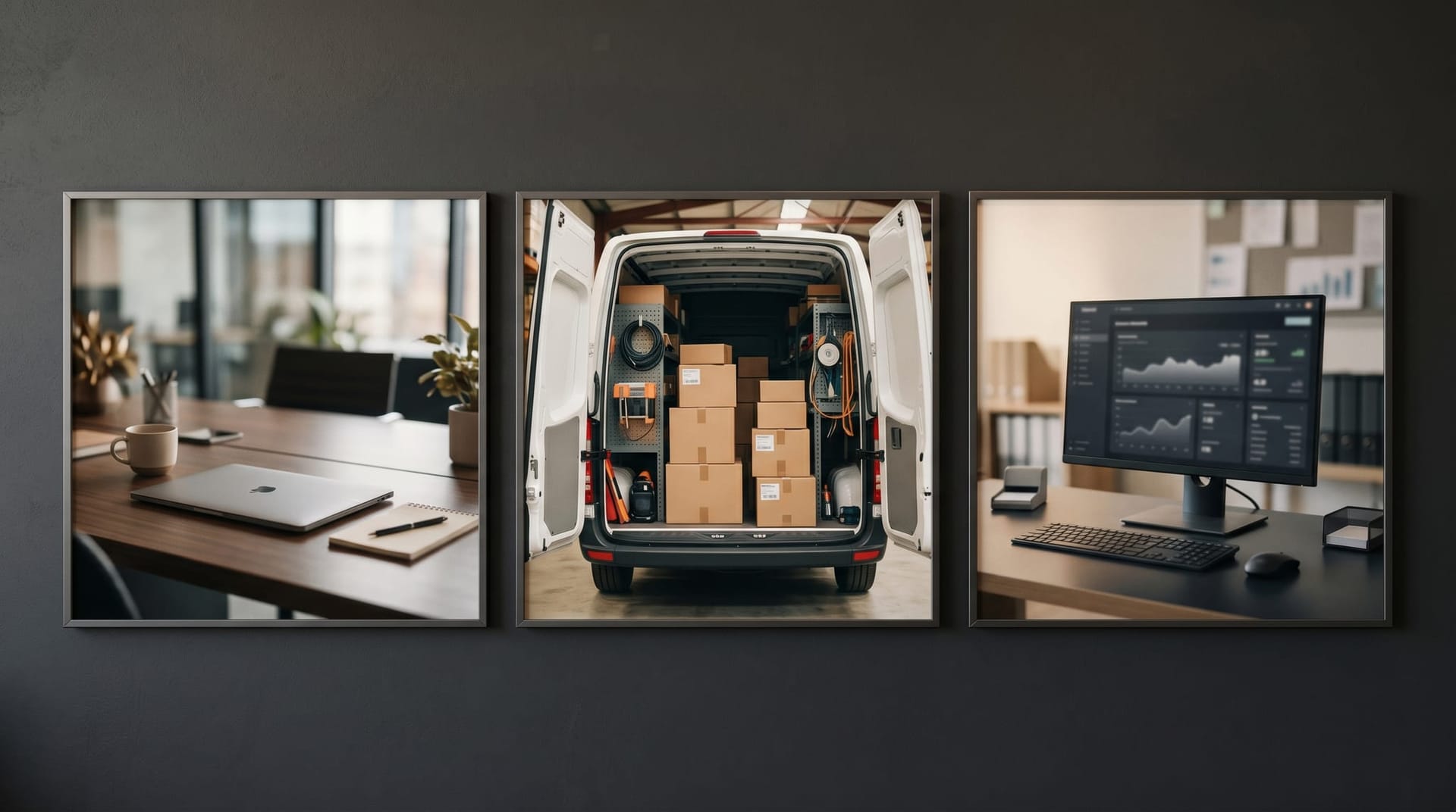 Three small framed work scenes side by side — a tidy professional services office, a service van with parts boxes, and an operations desk with monitor — representing mid-market AI agent commerce use cases.