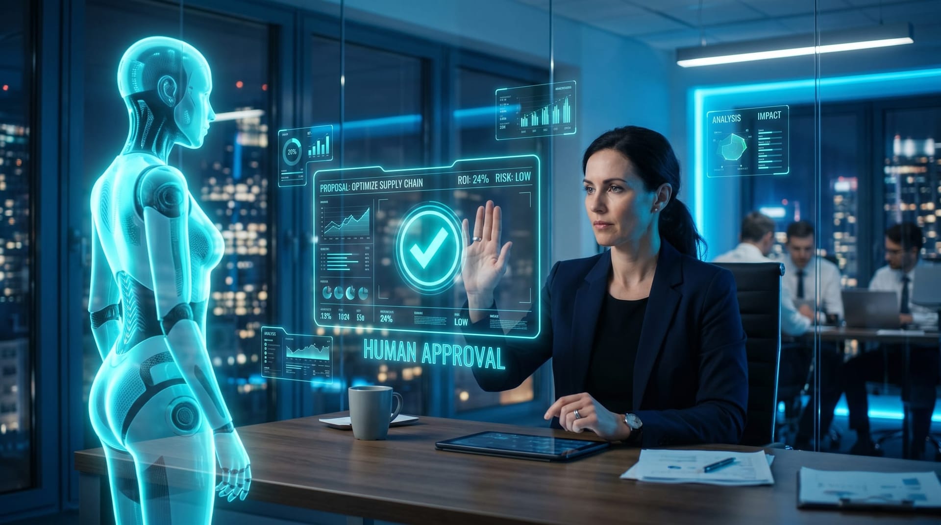 Human approval gate shown as a glowing cyan checkpoint where a business reviewer confirms a holographic AI agent's proposed action