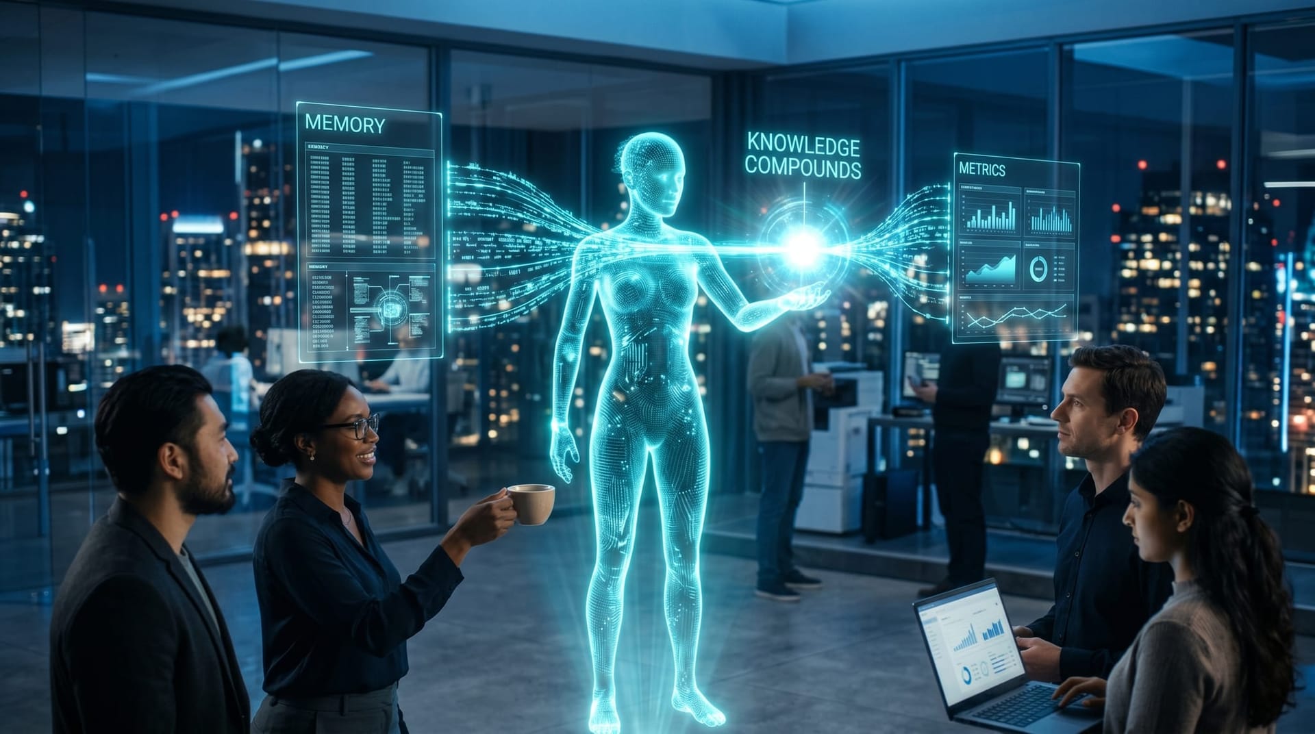 Holographic memory and metrics streams compounding into a brighter knowledge core as an AI employee and team collaborate in a glass office