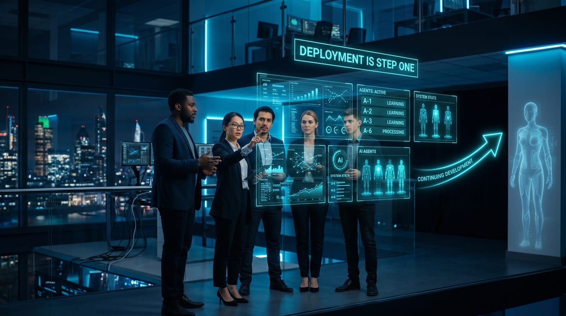 AI agents shown live on holographic panels as a team realizes deployment is only the starting point of an ongoing learning loop