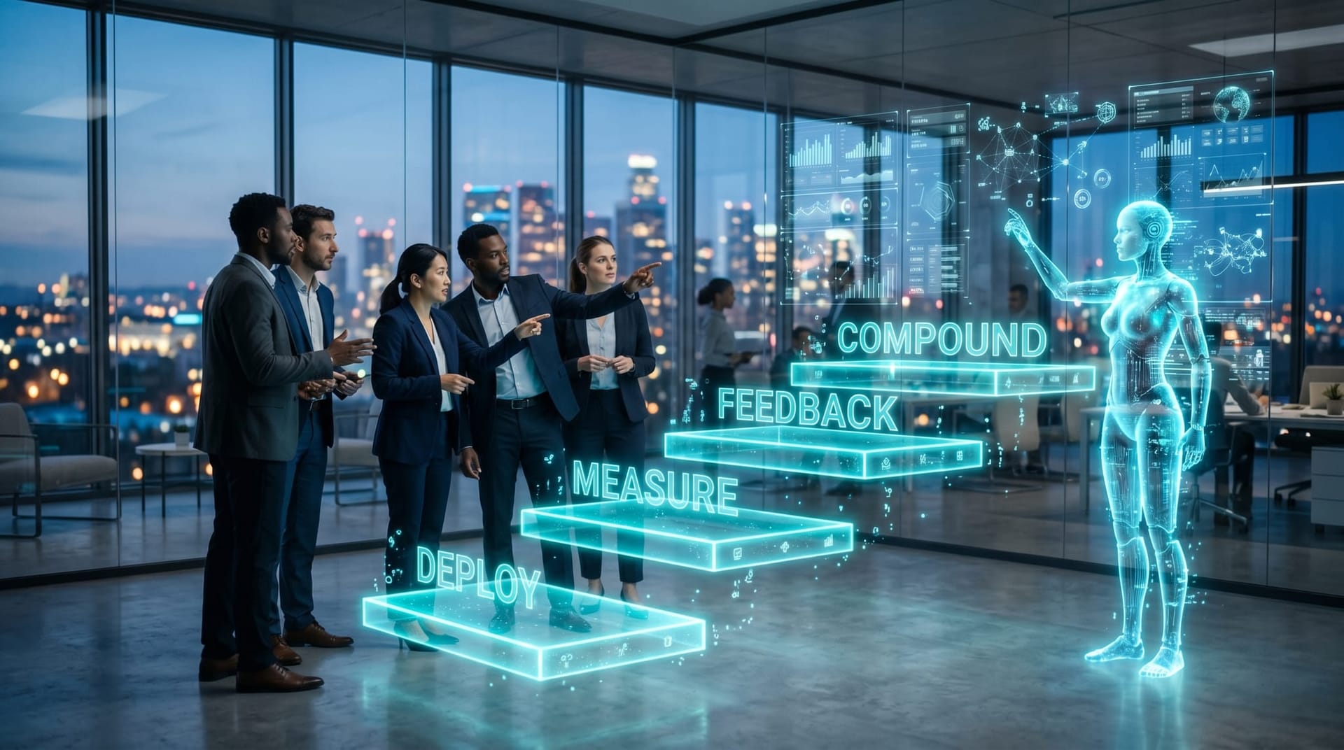 Four-stage agentic learning maturity ladder visualized as ascending glowing cyan holographic steps with a business team and AI avatar