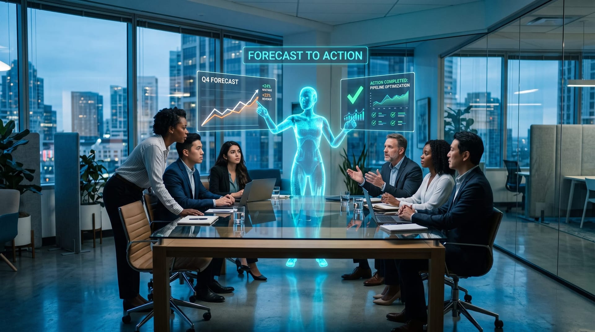 Business team watching a translucent cyan holographic AI employee turn a forecast chart into an executed decision on floating panels in a glass-walled office