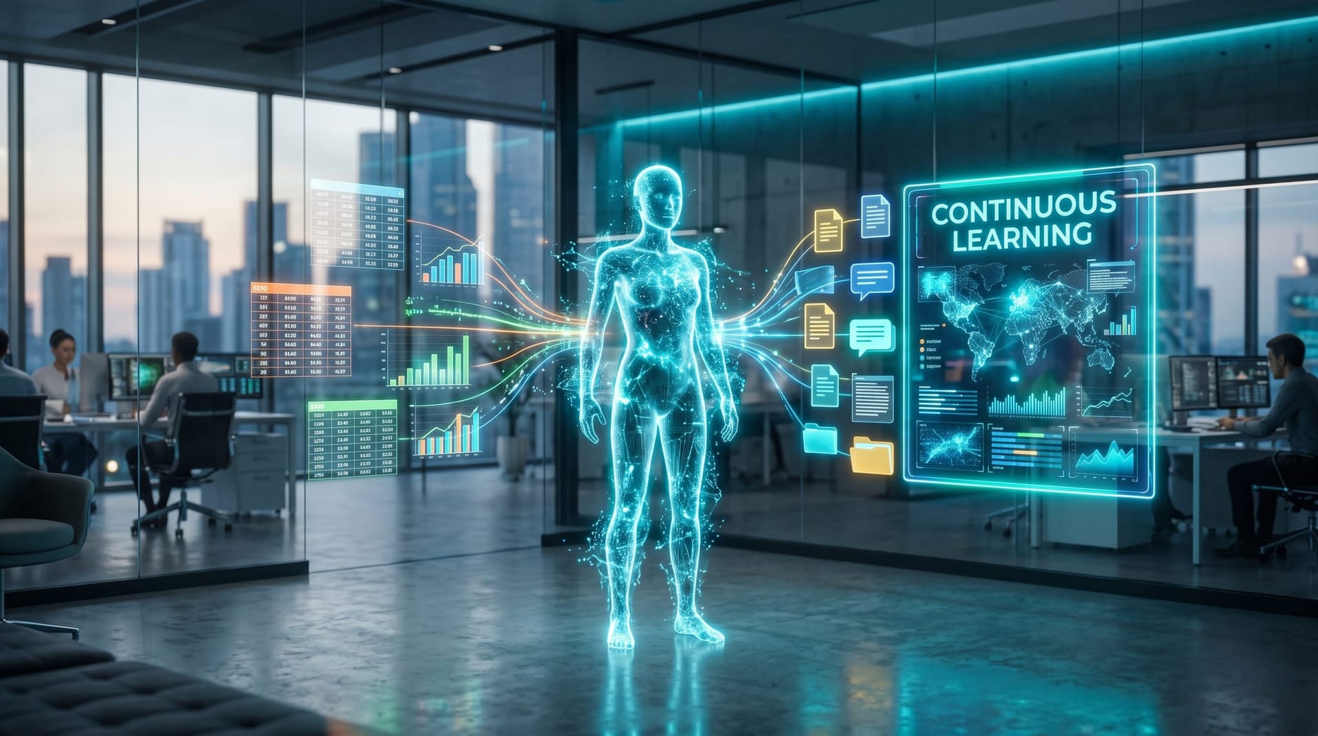 Translucent holographic AI employee reading streams of structured numbers and unstructured documents flowing into a single cyan decision panel