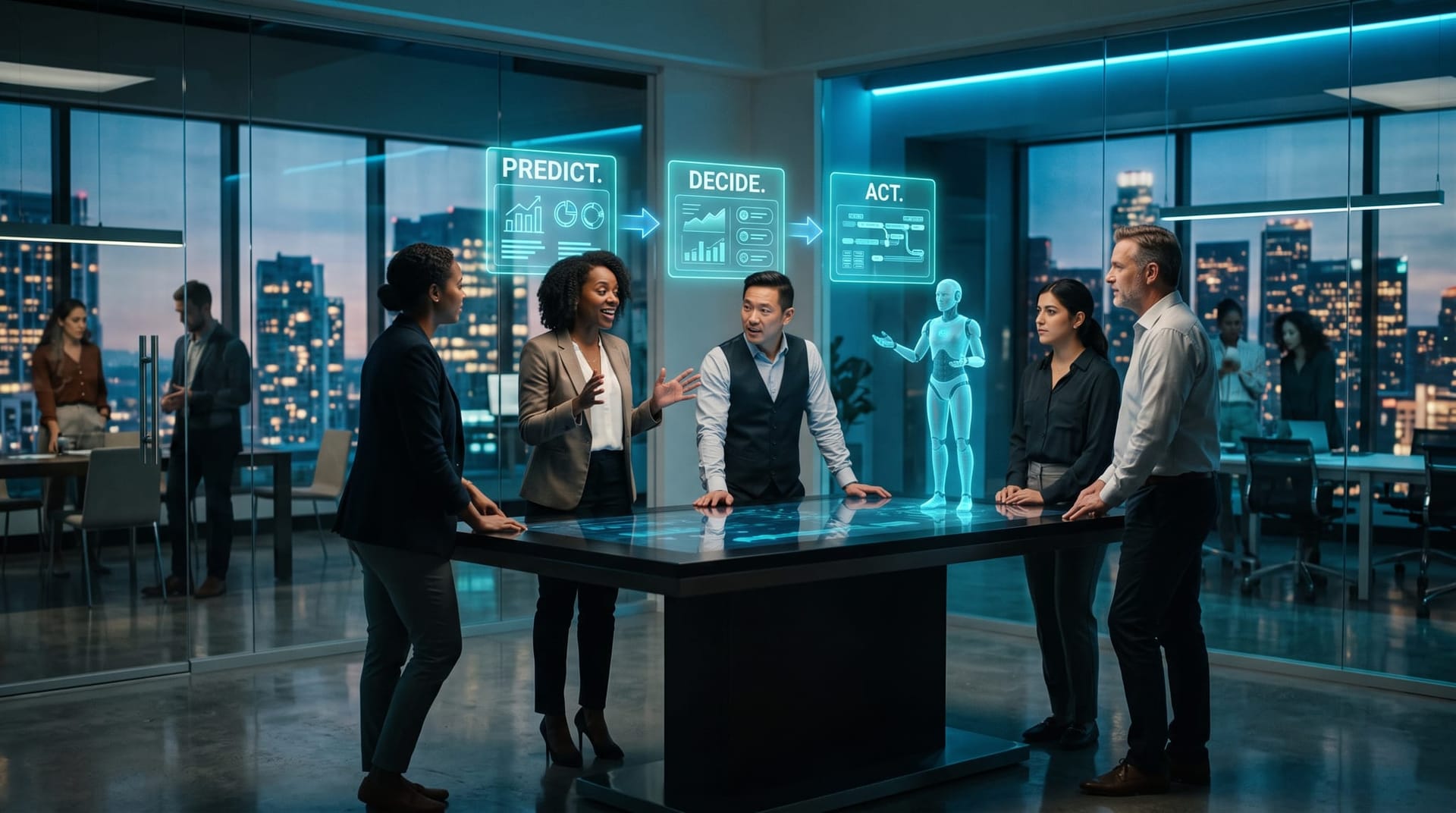 Colleagues around a table watching a holographic AI employee carry a forecast through a predict decide act loop on connected cyan panels