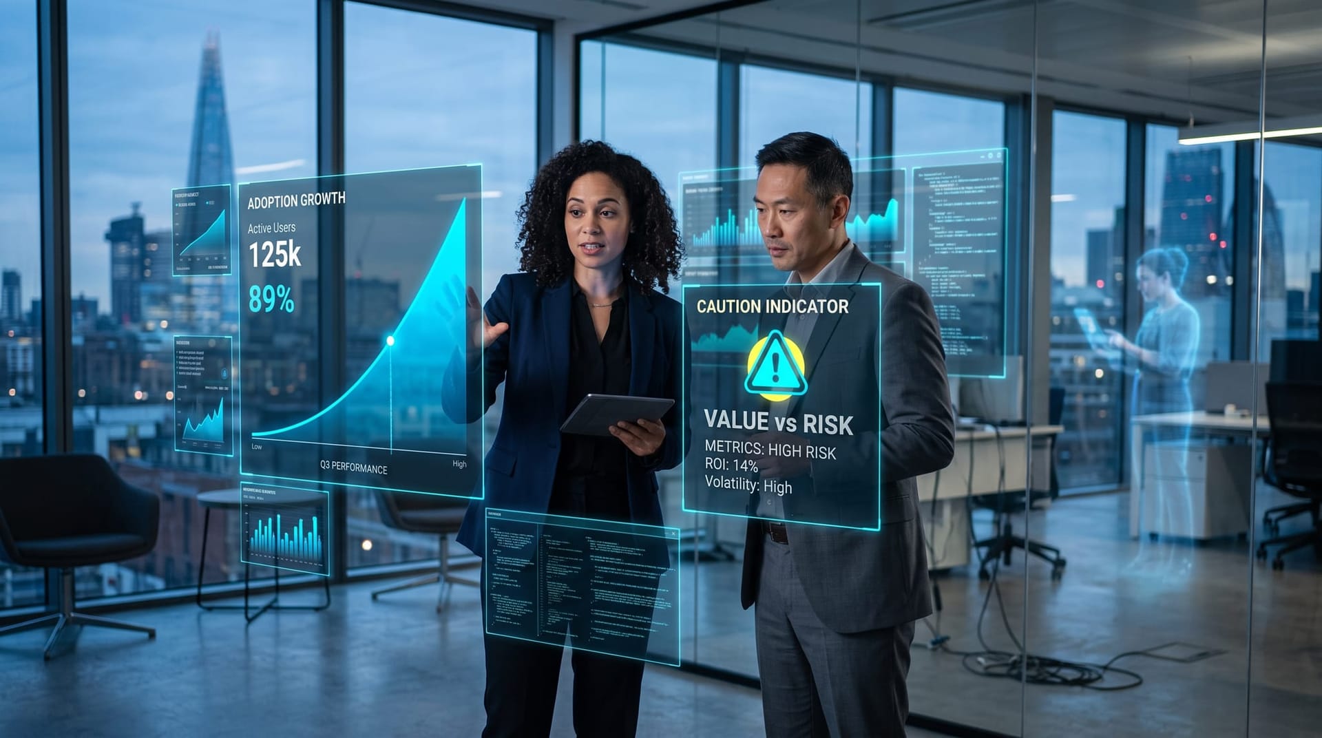 Business analysts reviewing floating cyan adoption and risk dashboards showing agentic AI growth alongside a cautious project-risk indicator