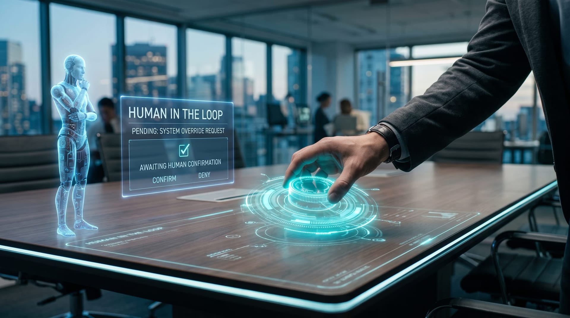 A hand adjusting a glowing holographic autonomy dial while a translucent AI employee hologram awaits approval on a cyan decision panel