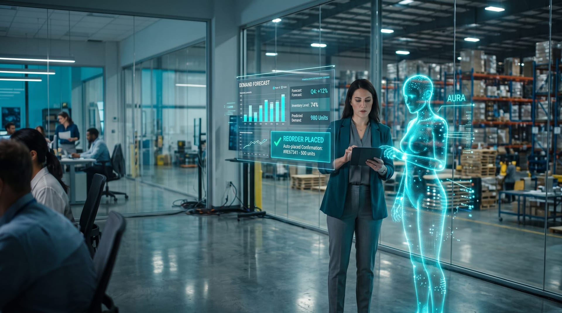 Northeast Indiana distribution operations manager and a holographic AI employee reviewing a reorder decision executed from a demand forecast
