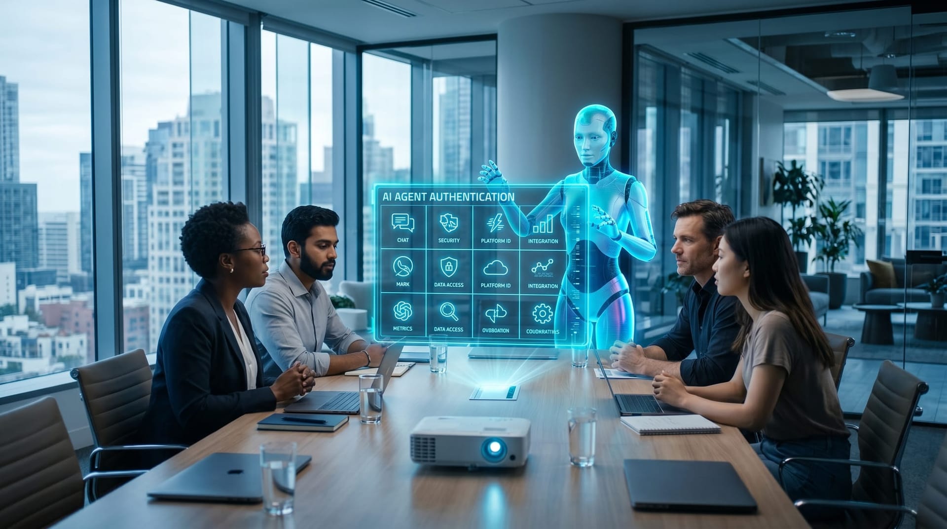 IT decision-makers compare AI agent authentication platforms on a translucent cyan holographic dashboard inside a glass-walled office