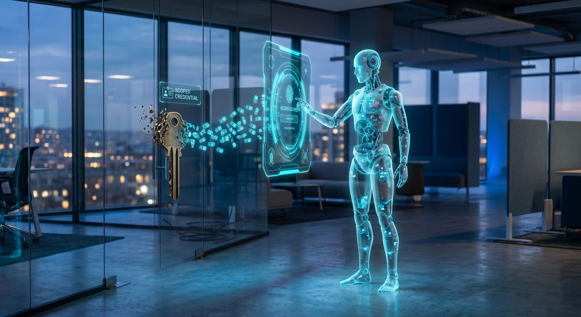 A glowing cyan key icon dissolving into a scoped short-lived credential token as a translucent AI Employee avatar reaches toward a secure login portal