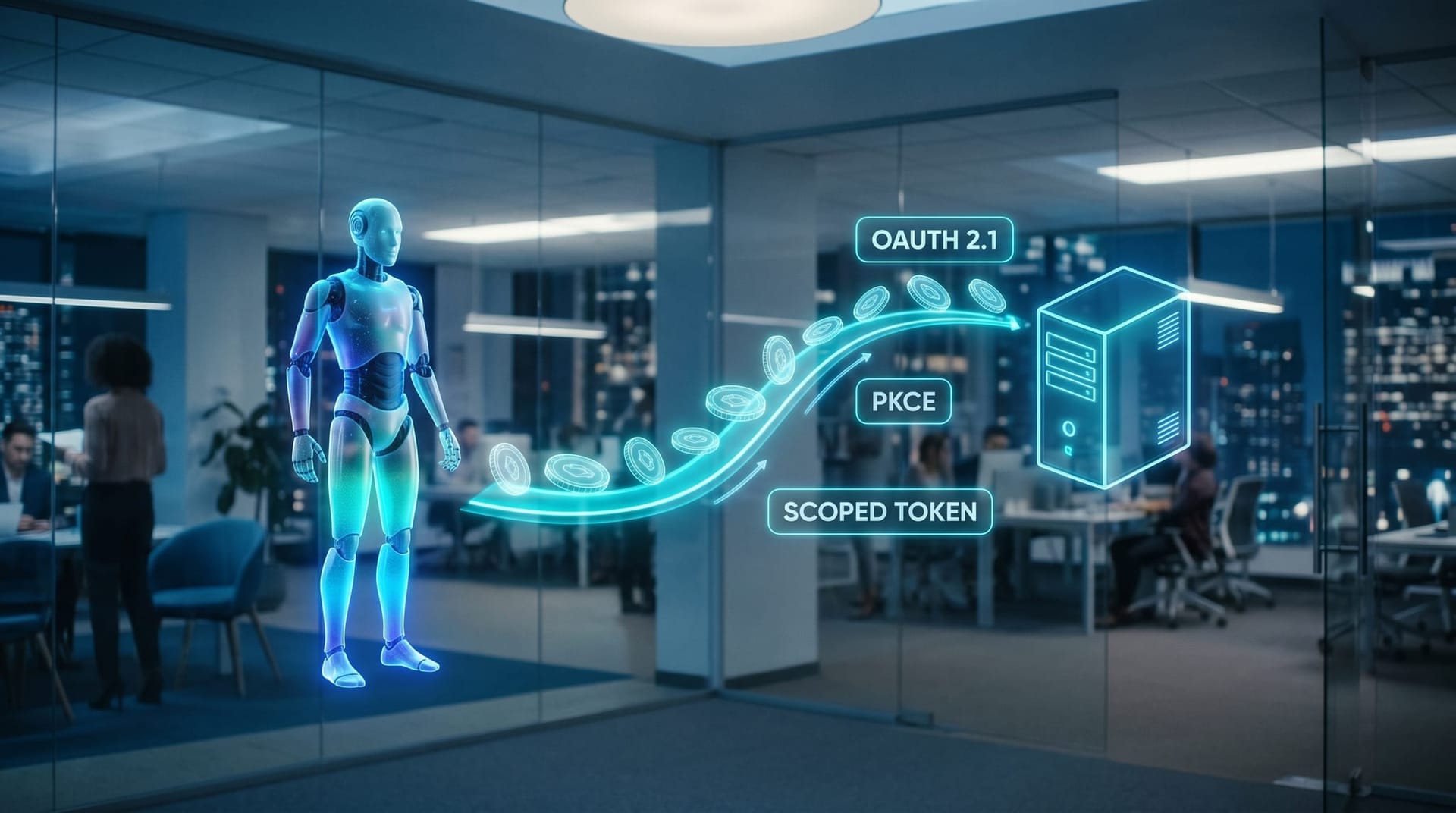 Holographic OAuth 2.1 handshake between an AI Employee avatar and a server with floating cyan tokens showing the agent authentication building blocks