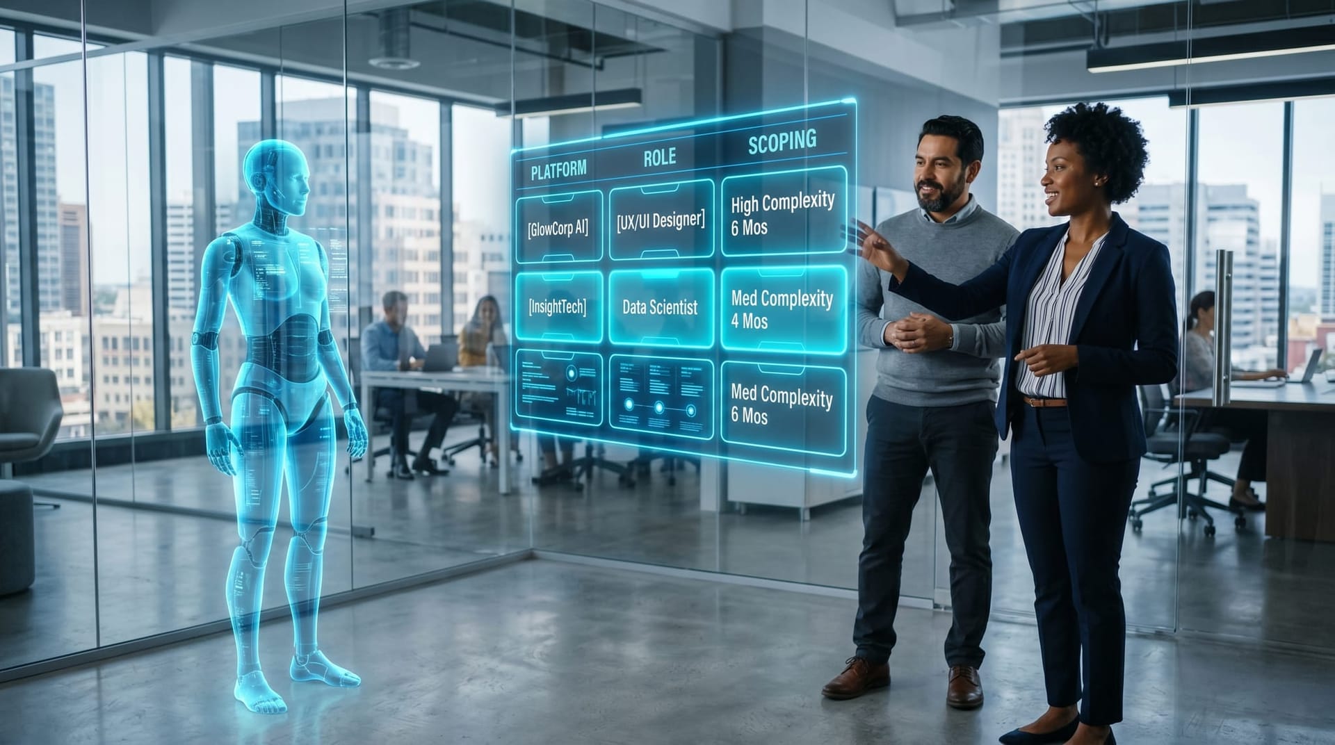 Two colleagues review a holographic platform comparison matrix for AI agent authentication with a translucent cyan AI Employee avatar nearby