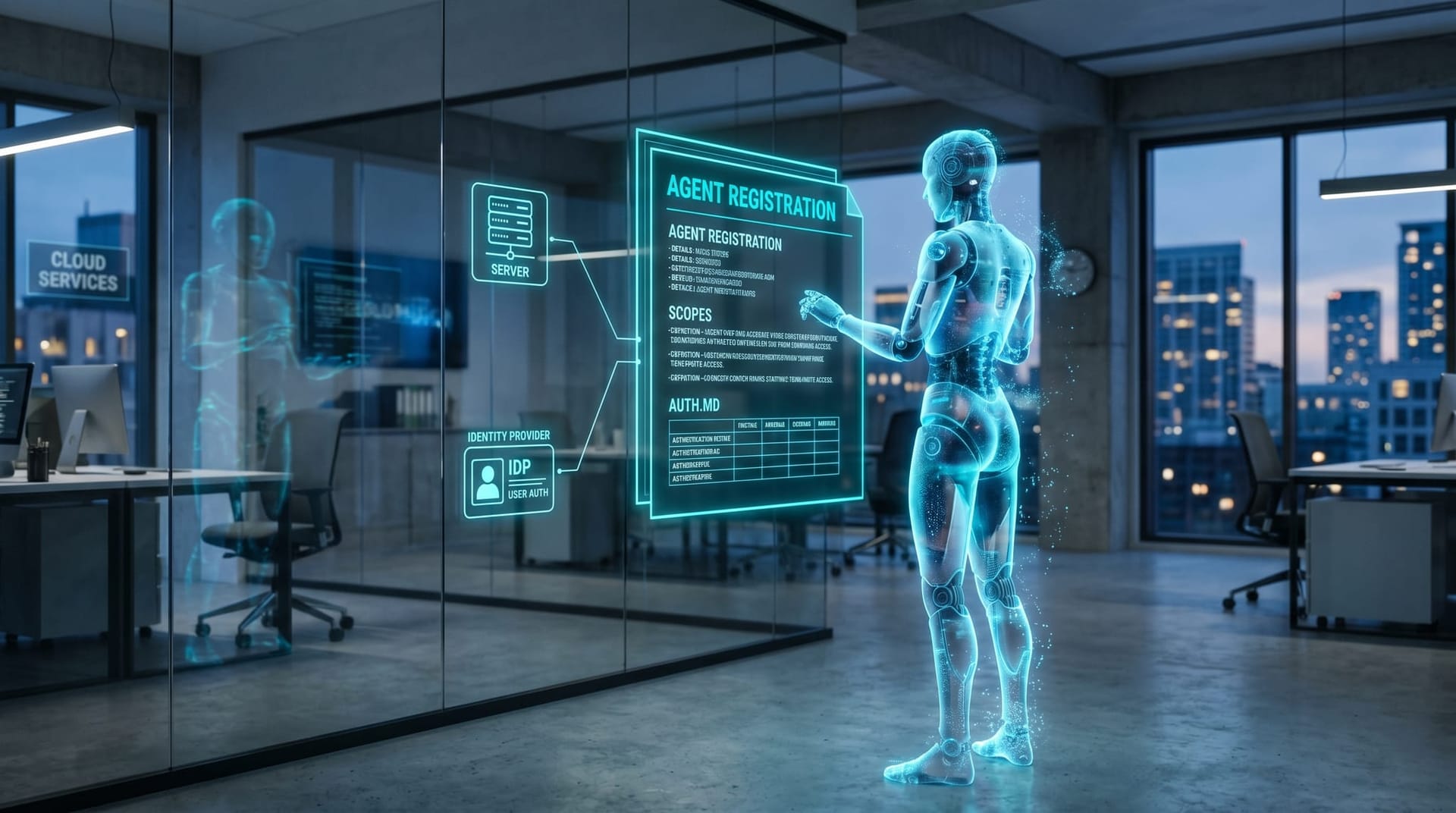 An AI Employee avatar discovers an open agent-registration document floating as a cyan holographic file at a service endpoint