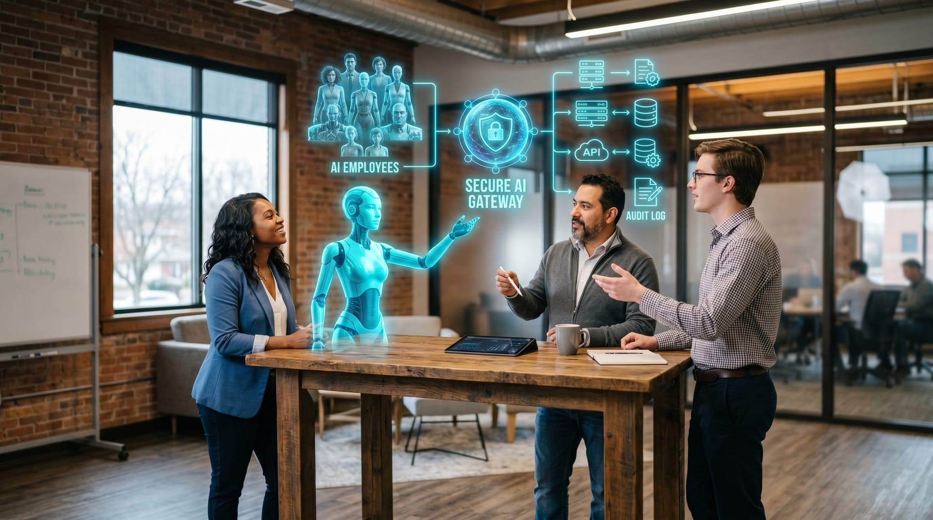 A Northeast Indiana small business team routes AI Employee access through a single holographic Secure AI Gateway control point