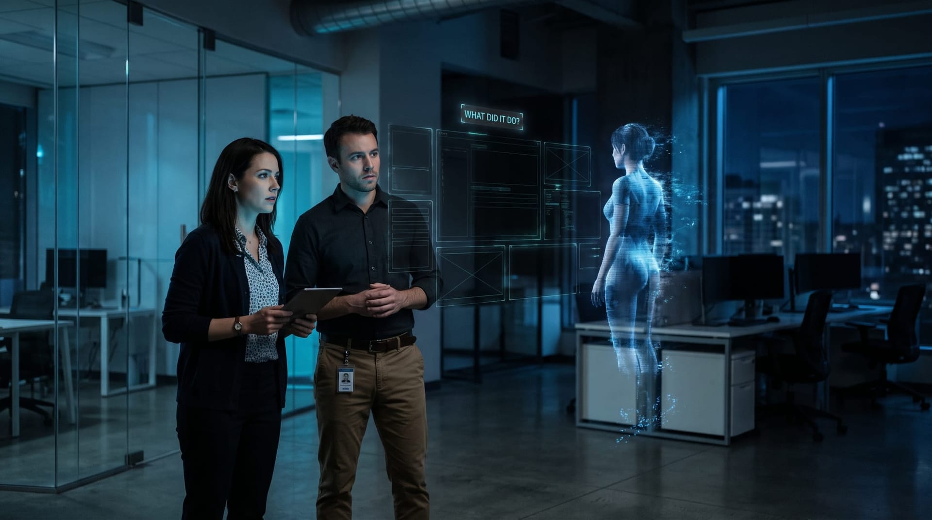 Colleagues in a dim office squint at mostly-dark floating holographic panels beside a faint cyan AI figure, evoking the AI agent black-box visibility problem.