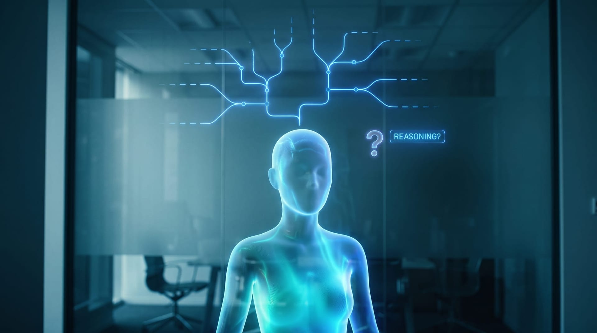 A close translucent cyan AI avatar with a glowing branching reasoning path and a question-mark motif, depicting uncertainty in AI agent decision logging.