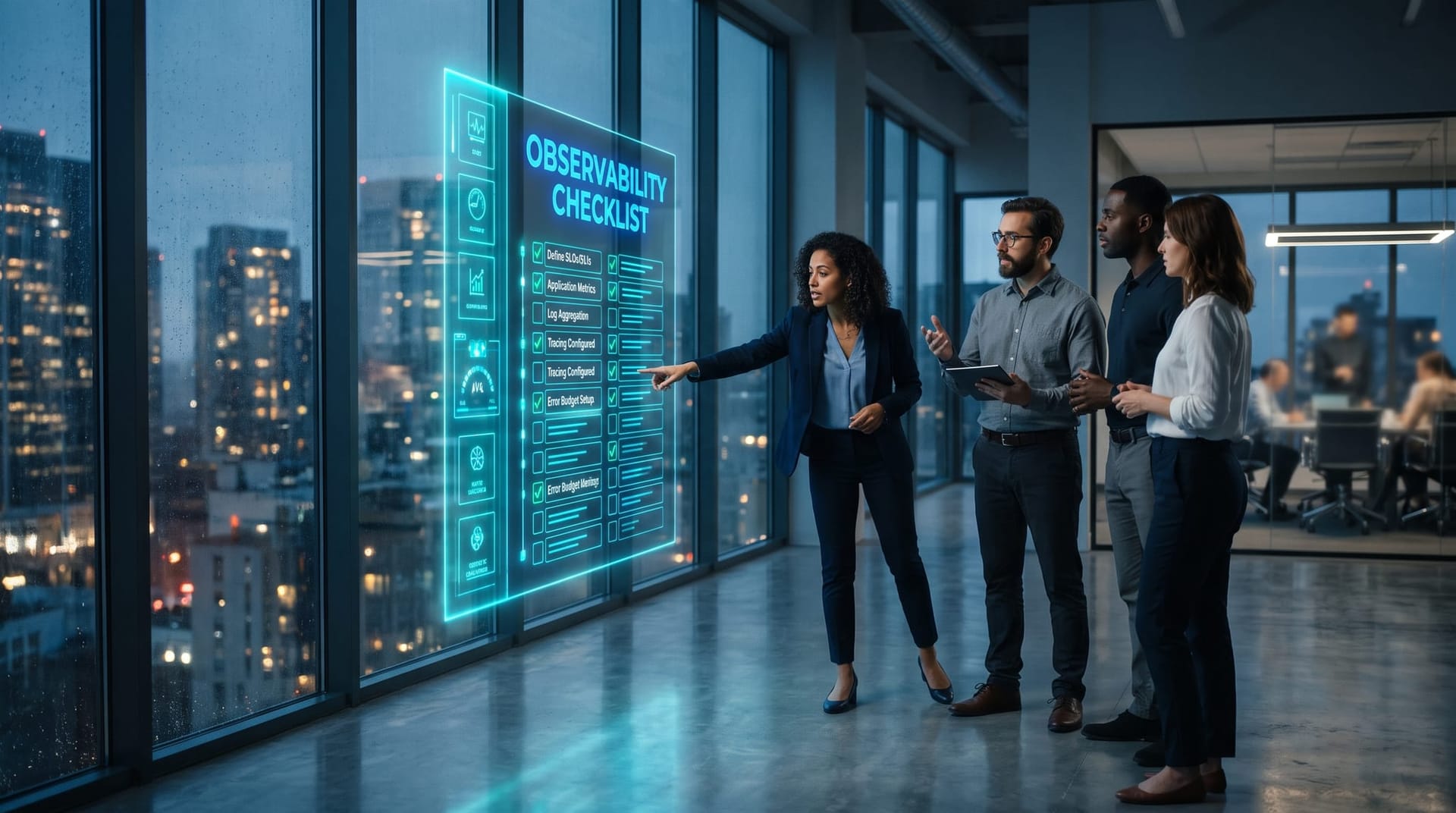 A business team at a glass wall reviews a tall floating cyan holographic checklist panel with glowing ticks for an AI agent observability checklist.