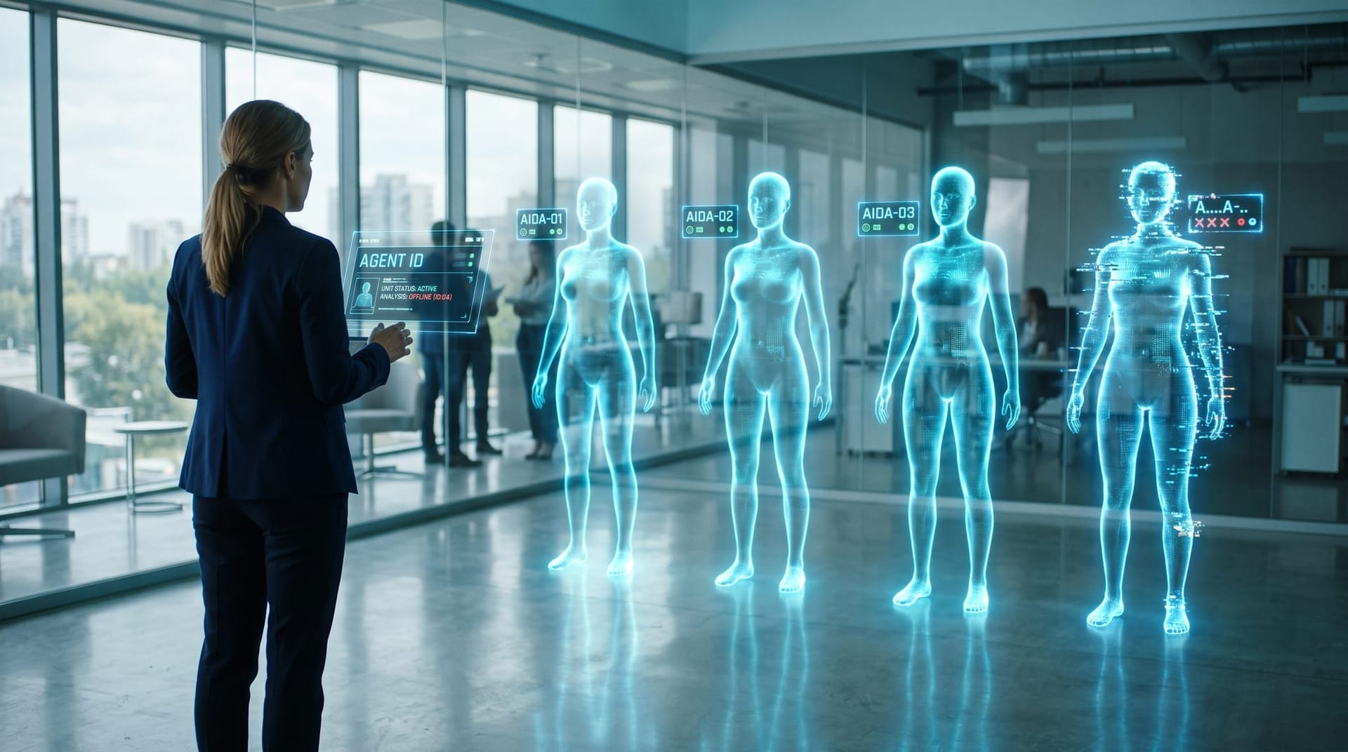 A row of translucent cyan holographic AI figures, each with a glowing ID tag, as a professional reviews them, illustrating persistent agent identity gaps in frameworks.