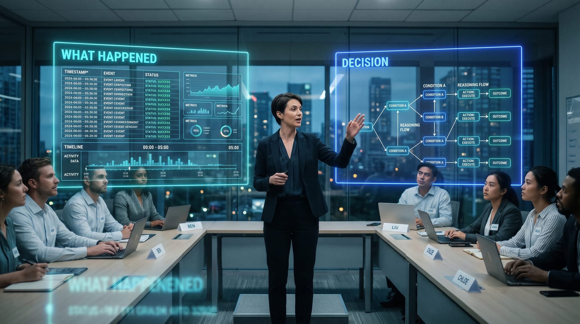 A presenter gestures between two side-by-side cyan holographic panels labeled for what-happened and decision records, showing the two AI agent audit trail types.