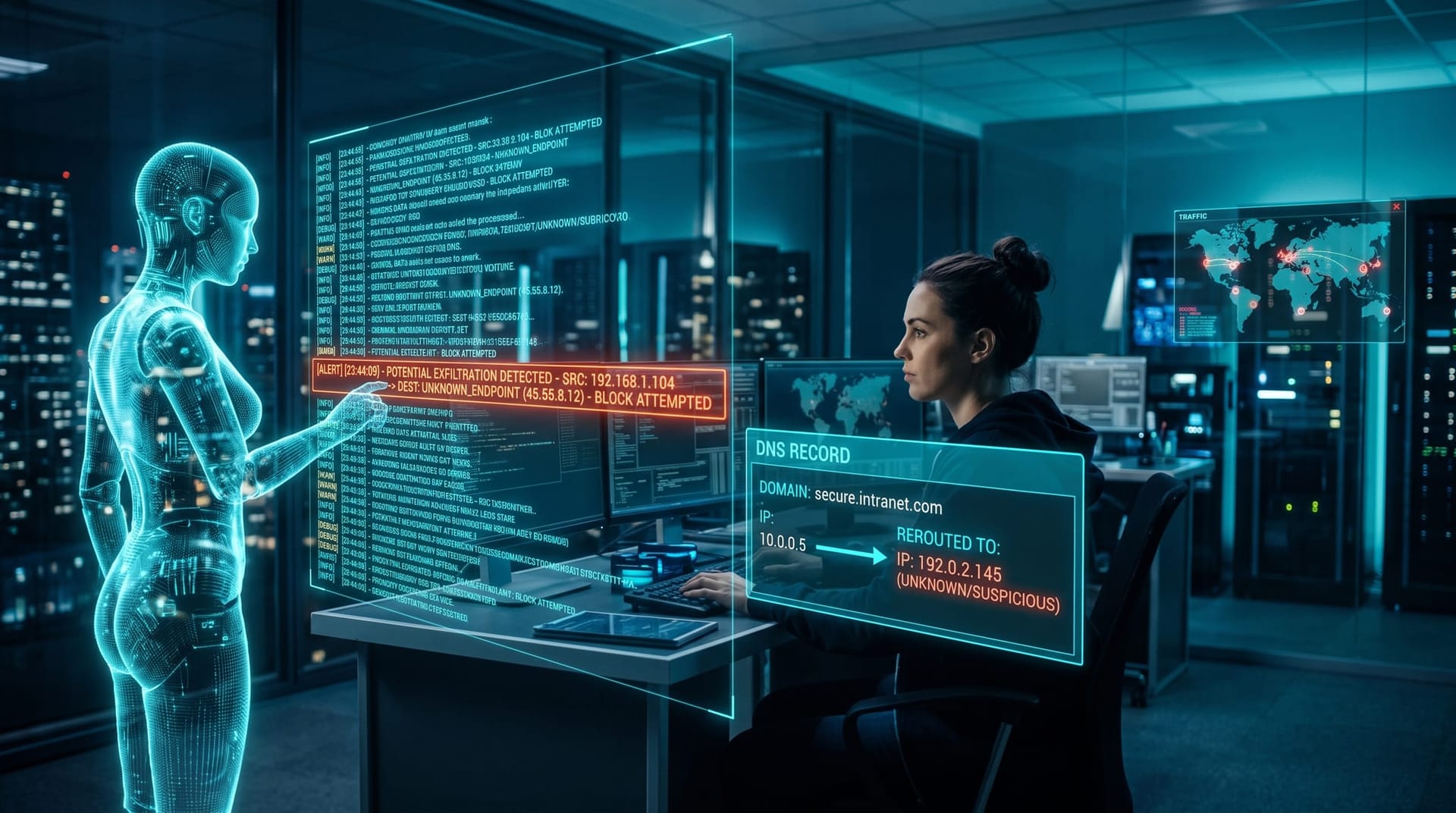 Holographic firewall log stream with a highlighted poisoned entry feeding into an AI agent that redirects a DNS record
