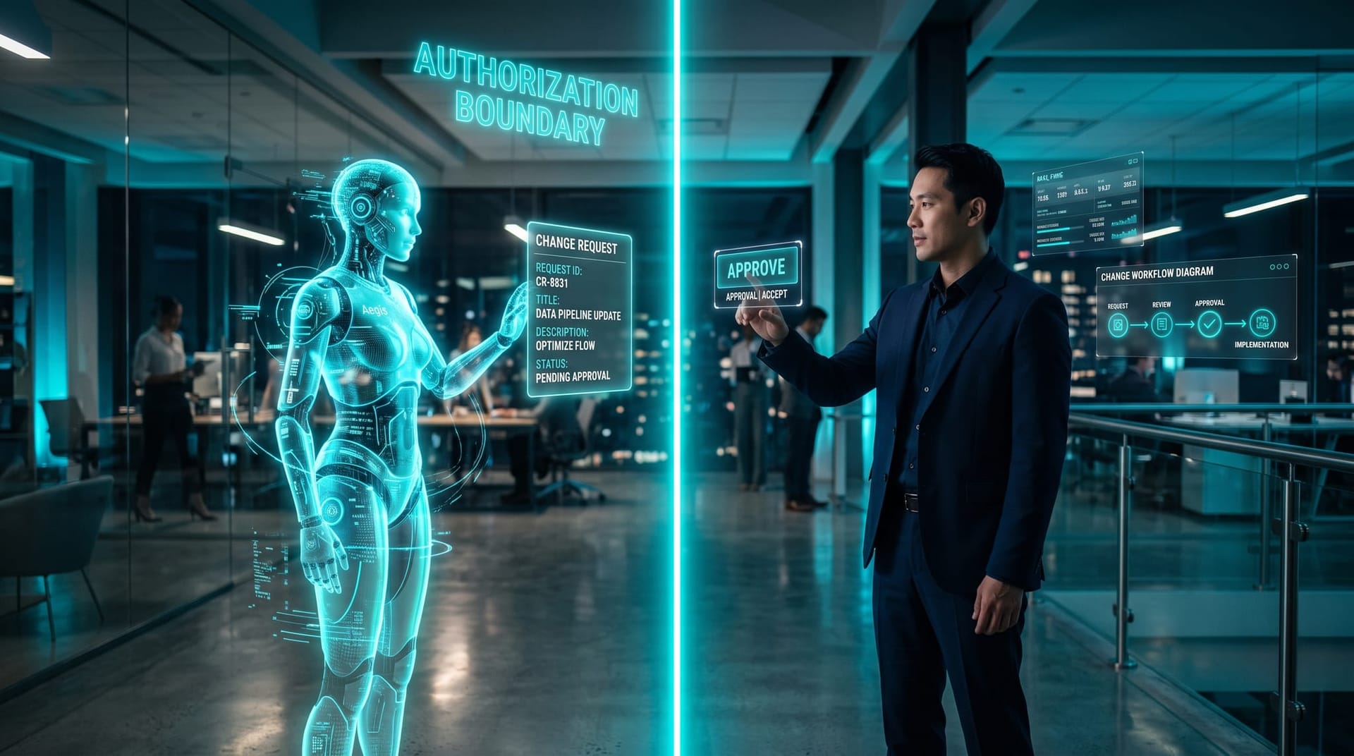Holographic AI avatar handing a proposed change card across a glowing authorization boundary to a human reviewer for approval