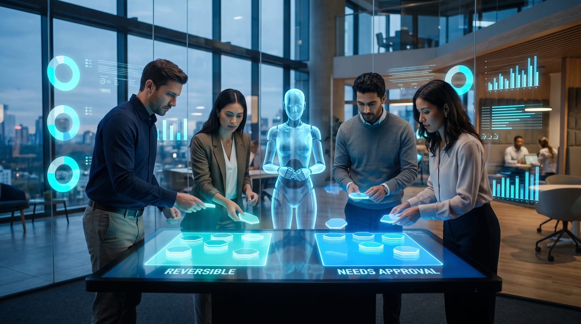 Colleagues sorting holographic action tiles into reversible and irreversible columns around an interactive table display