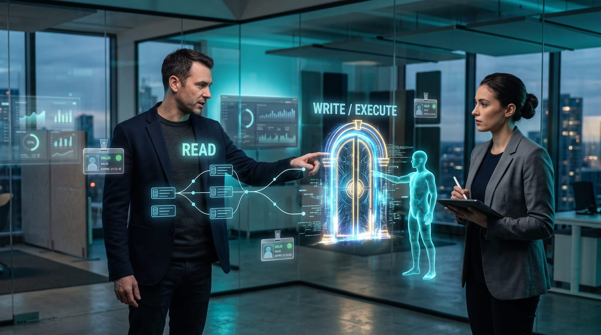 Split holographic architecture separating a read-only agent path from a gated write-and-execute path with scoped identity badges