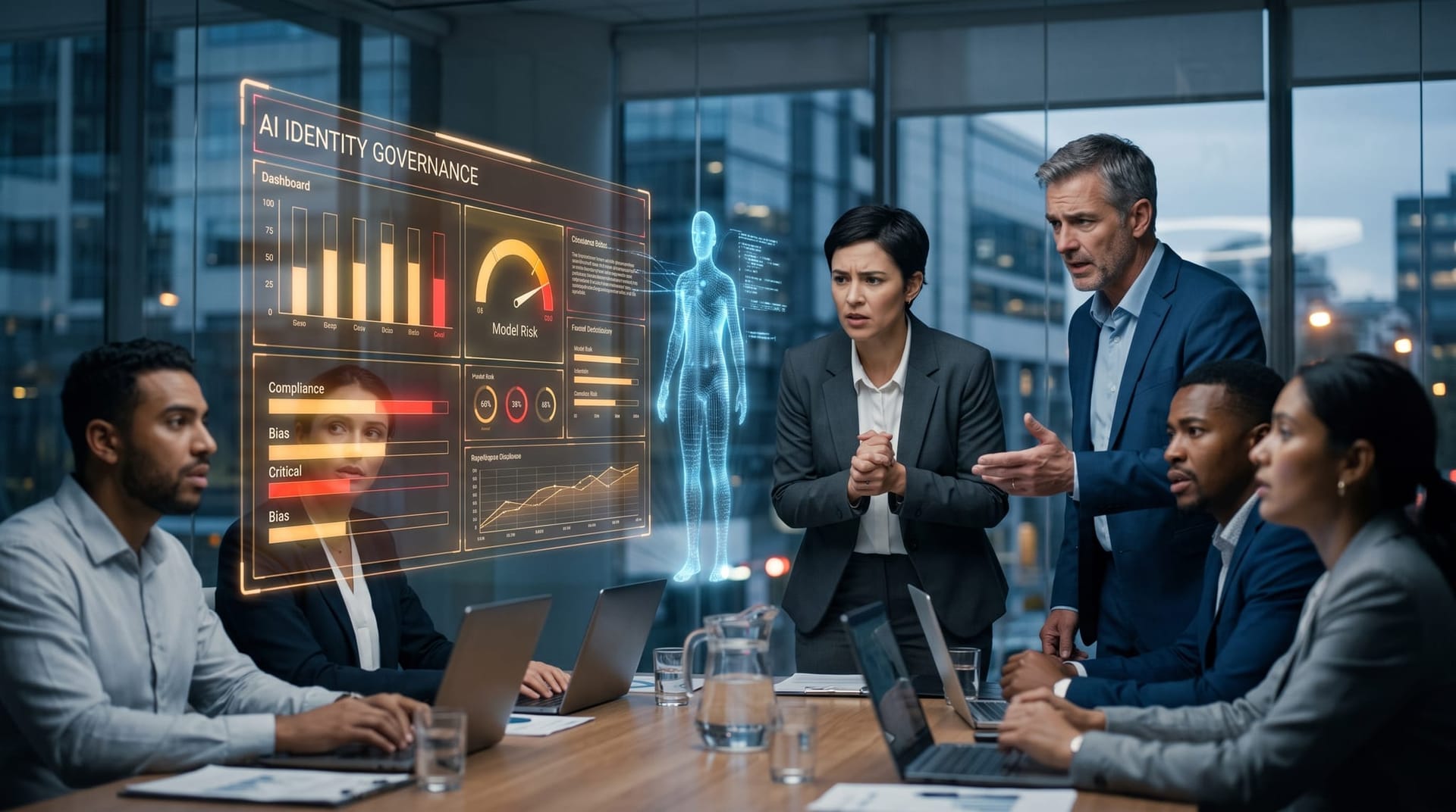 Executive team viewing a holographic governance dashboard showing ungoverned AI identities and unapproved agent actions