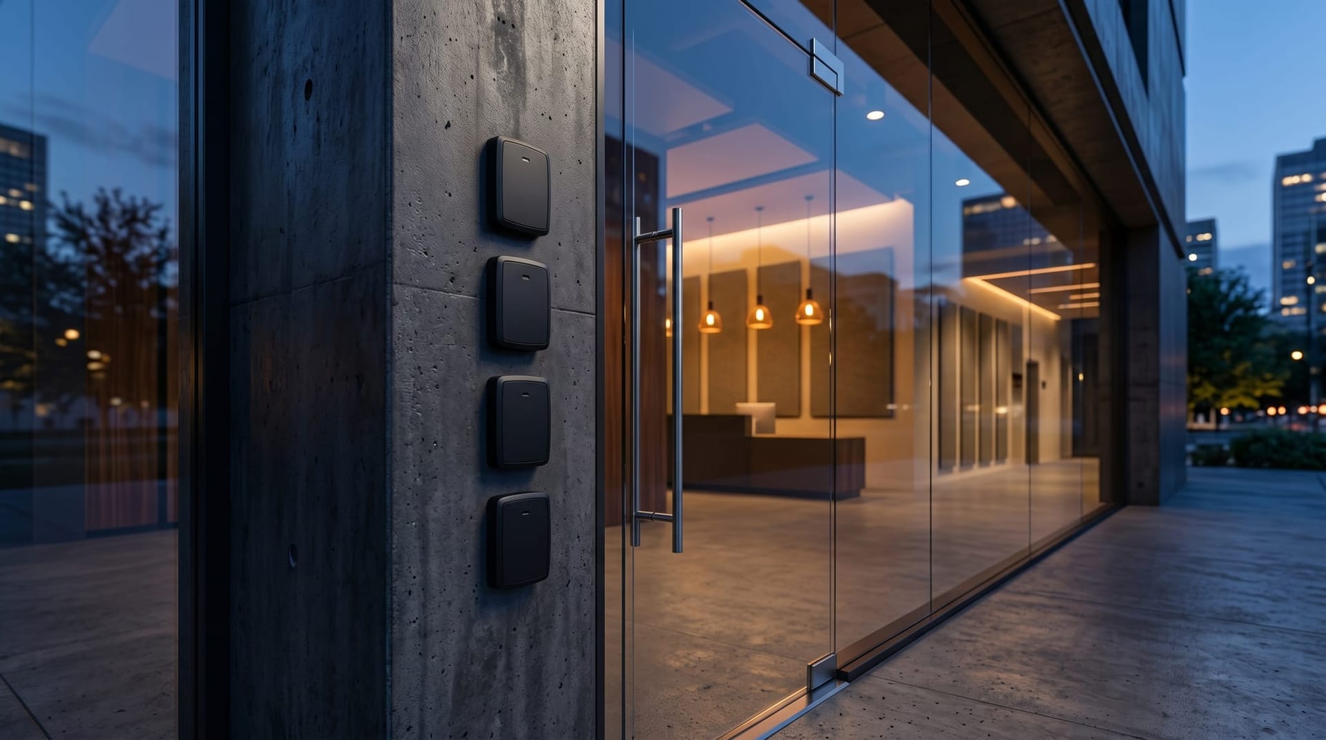 A row of empty access-card readers mounted beside a glass office door at dusk, representing the missing non-human identity layer for AI agents in mid-market IT.