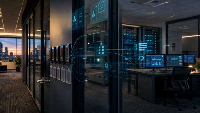 A row of empty access-card readers mounted beside a glass office door at dusk, representing the missing non-human identity layer for AI agents in mid-market IT.