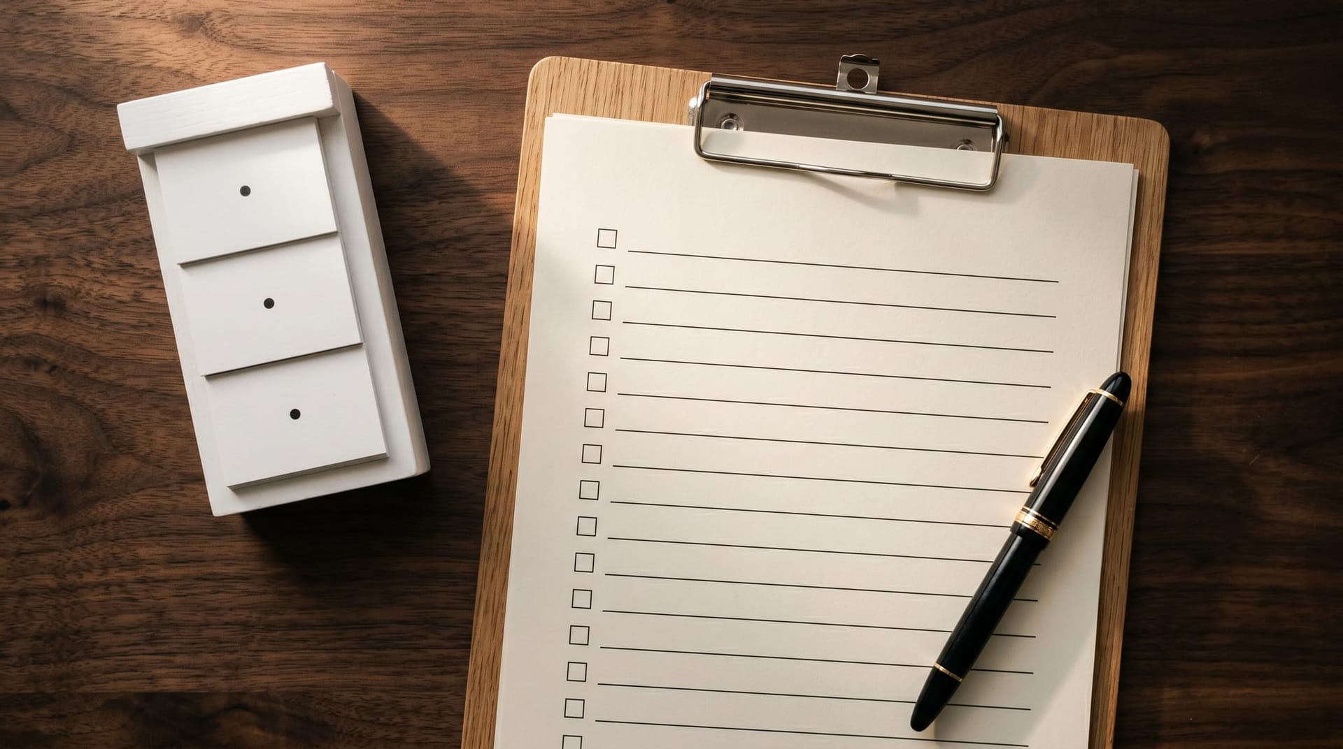 A clipboard with a blank checklist sheet, fountain pen, and a desk calendar marked at three monthly intervals, depicting the 90-day Fort Wayne IT agent identity audit checklist.