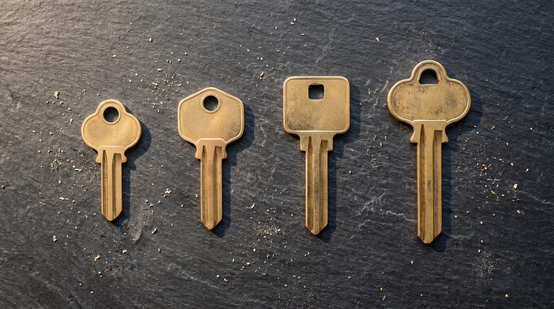 Four graduated brass key blanks arranged from smallest to largest on dark slate, representing the four-tier AI agent identity model from read-only research to policy-change authority.