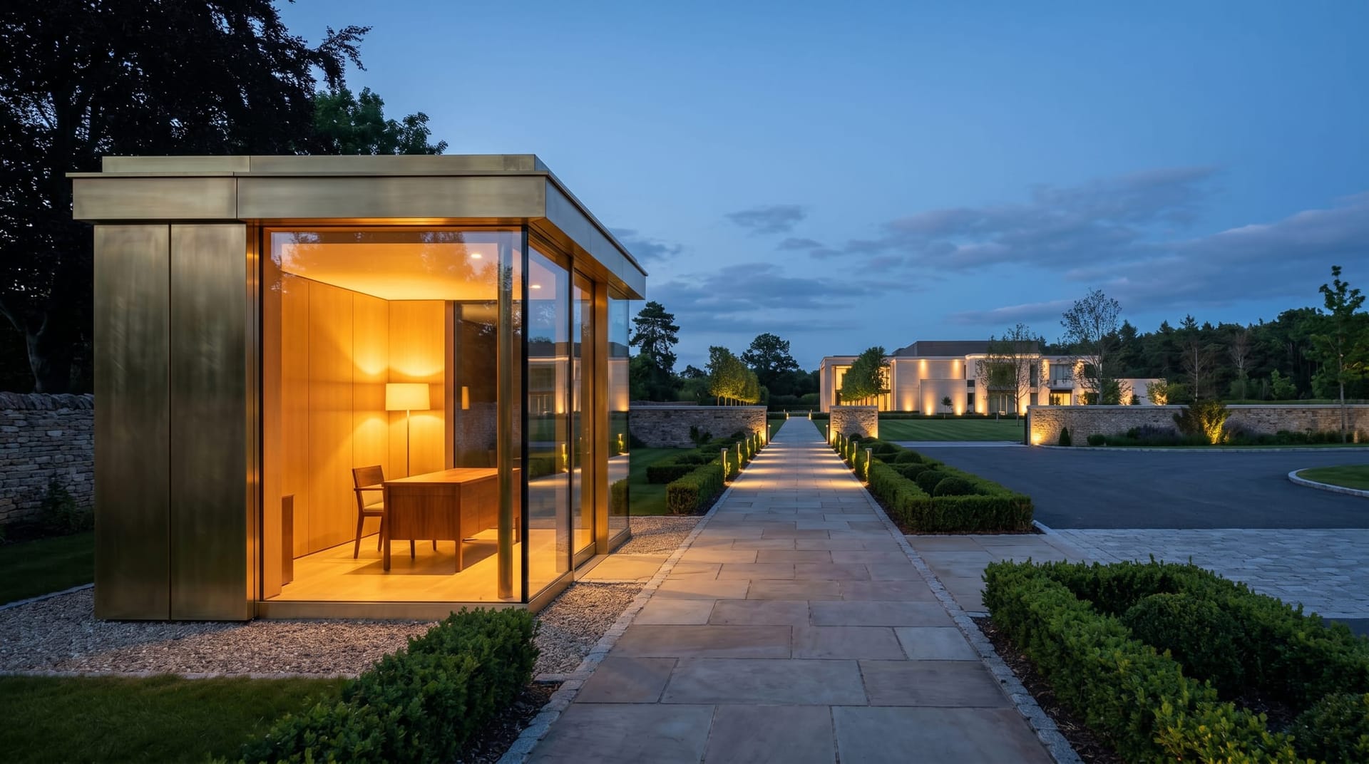 A polished brass gatehouse pavilion at the entrance to a stone walkway at twilight, depicting the Secure AI Gateway as the identity enforcement layer between AI agents and business systems.