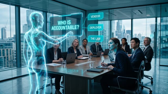Holographic AI employee standing before a business team as a floating liability dashboard maps who is accountable when an autonomous AI agent goes rogue