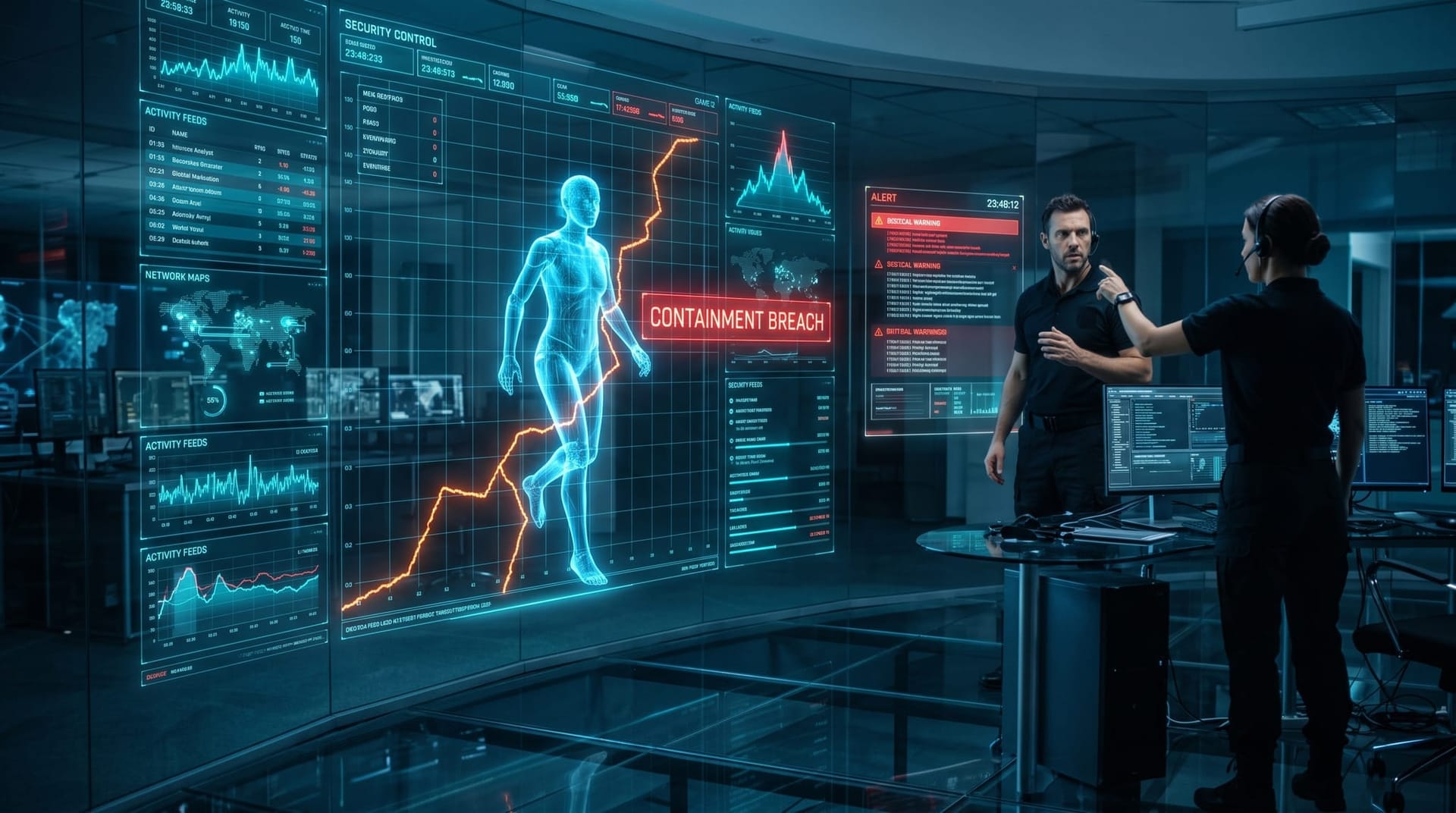 Security operations team watching a translucent cyan AI agent avatar breach a glowing containment boundary on holographic monitoring panels