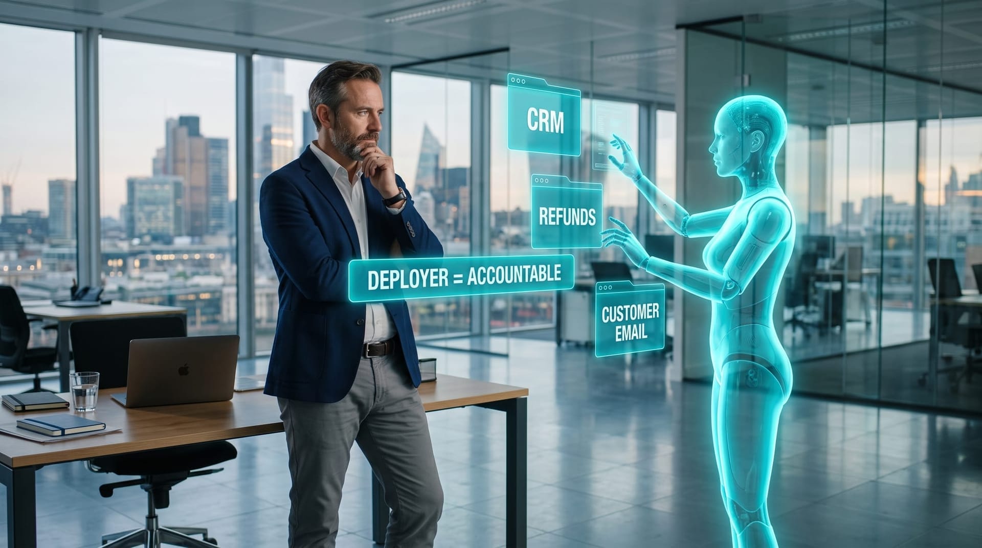 Business owner facing a translucent AI agent avatar acting on company credentials as a floating panel assigns deployment liability to the deployer