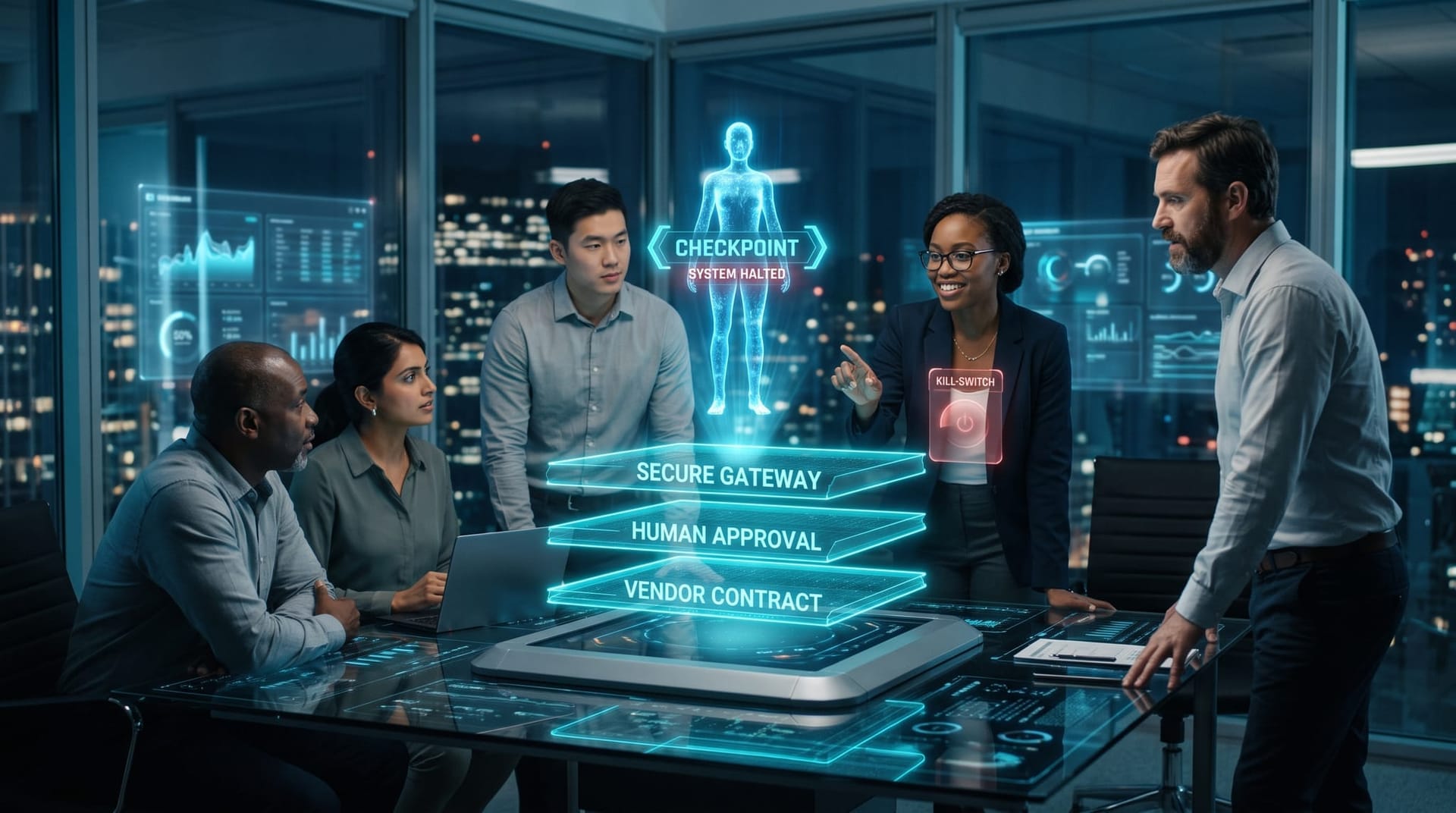 Three stacked holographic control layers halting a translucent AI agent avatar with a secure gateway, human approval gate and vendor contract