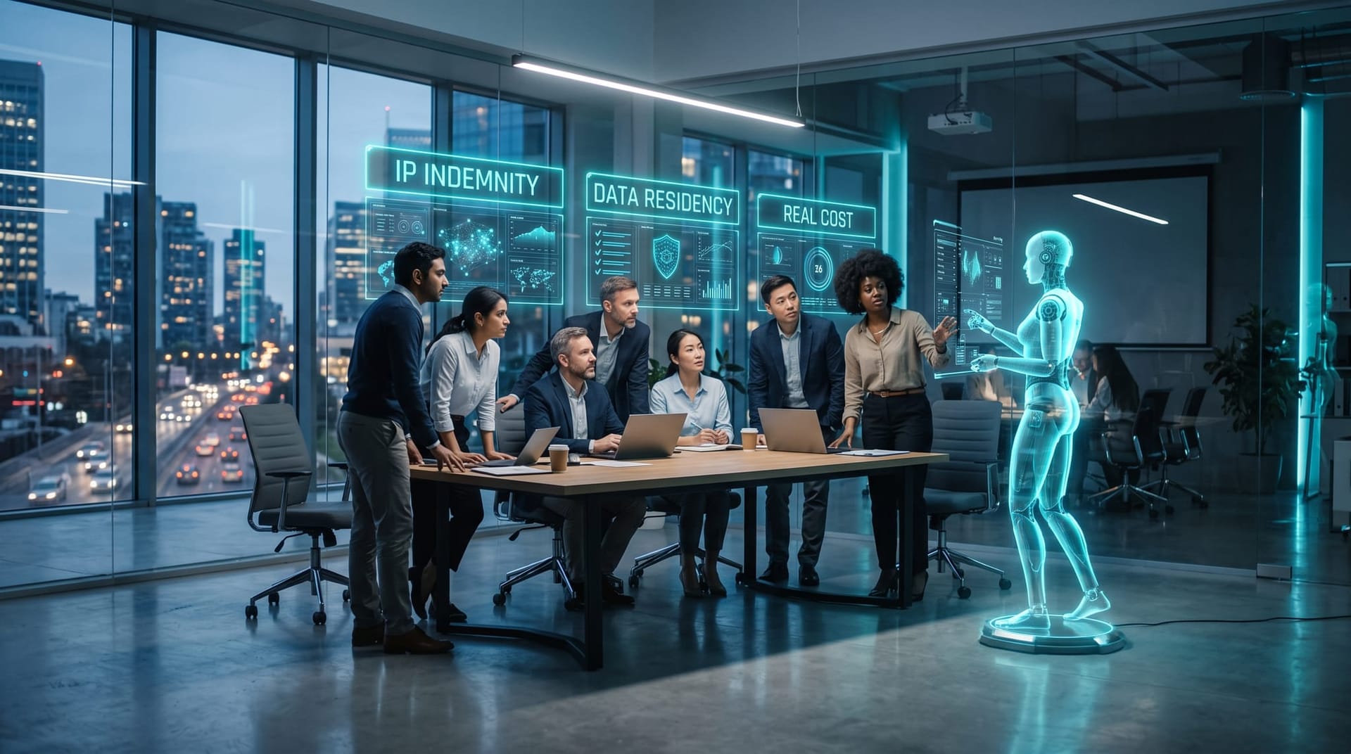 IT decision-makers reviewing an AI agent procurement checklist on holographic panels comparing indemnity, data residency, and real cost