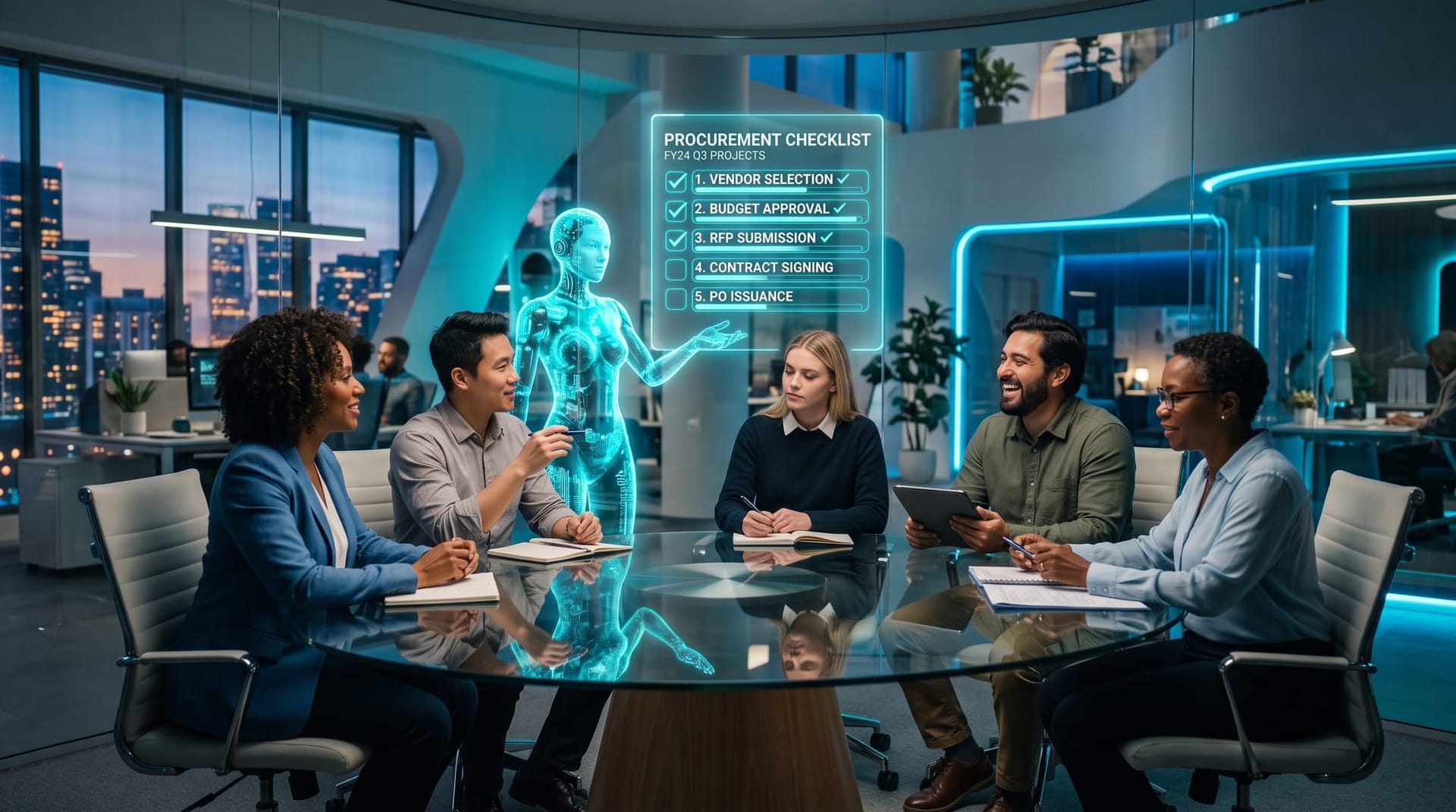 A business team working through a five-question AI agent procurement checklist on a glowing holographic panel with a cyan AI avatar