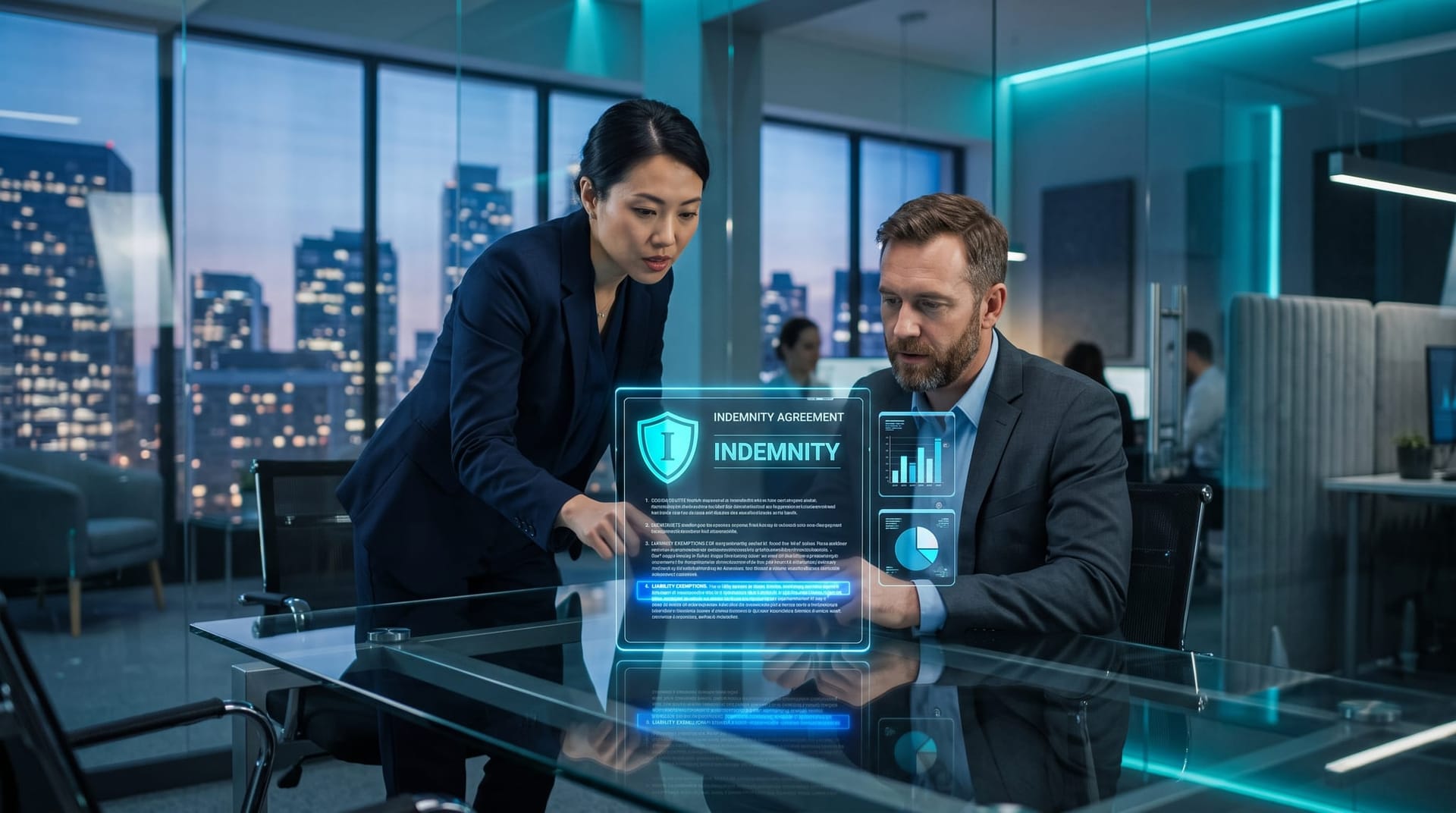 Two colleagues examining a holographic AI contract panel highlighting IP indemnity and liability terms in a cool-lit office