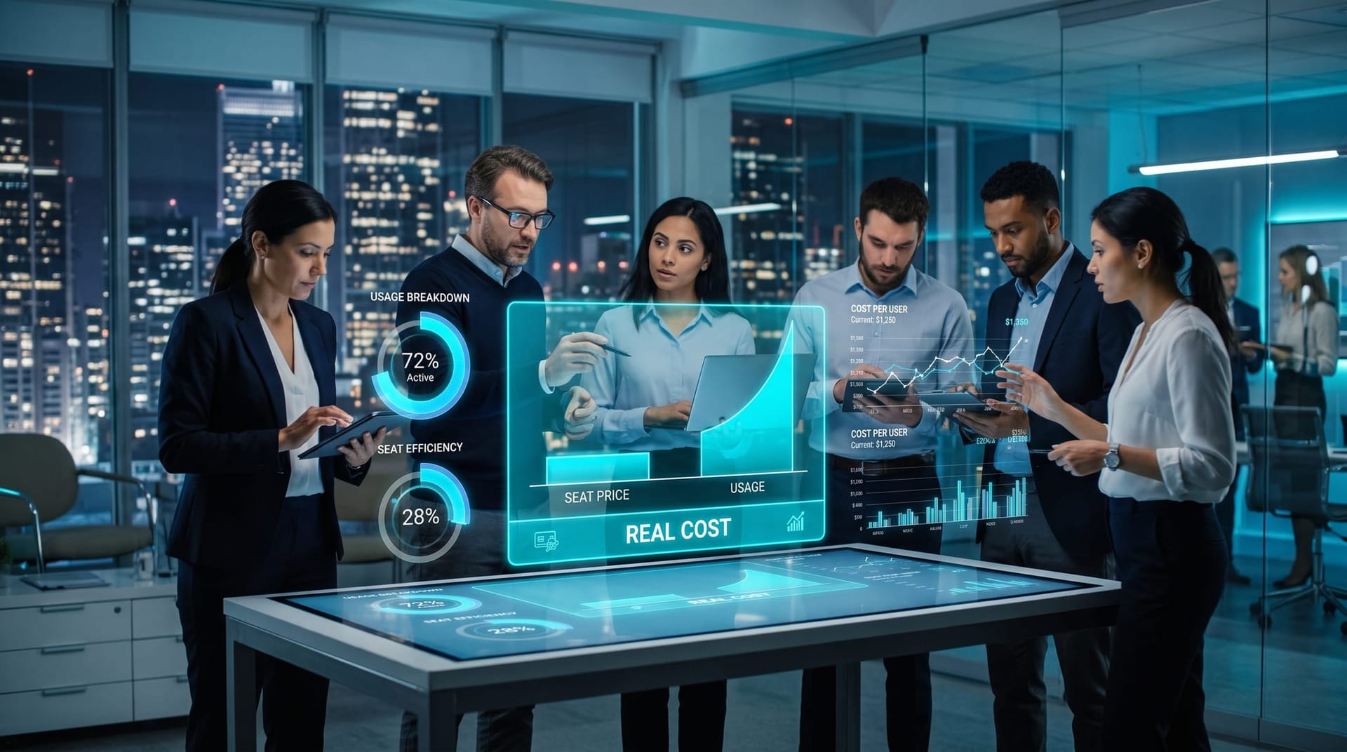 Finance and IT staff comparing a low seat-price sticker against a rising usage-based AI cost curve on holographic dashboards
