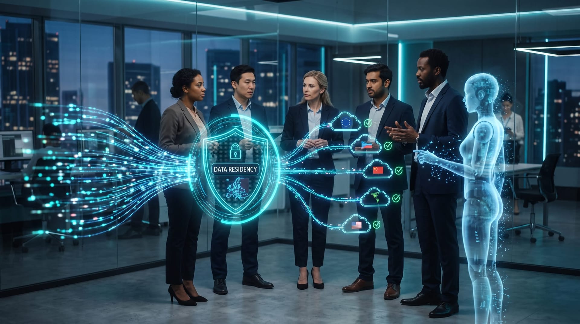 A secure AI gateway visualized as a holographic shield routing company data between a team and model vendors in a glass office