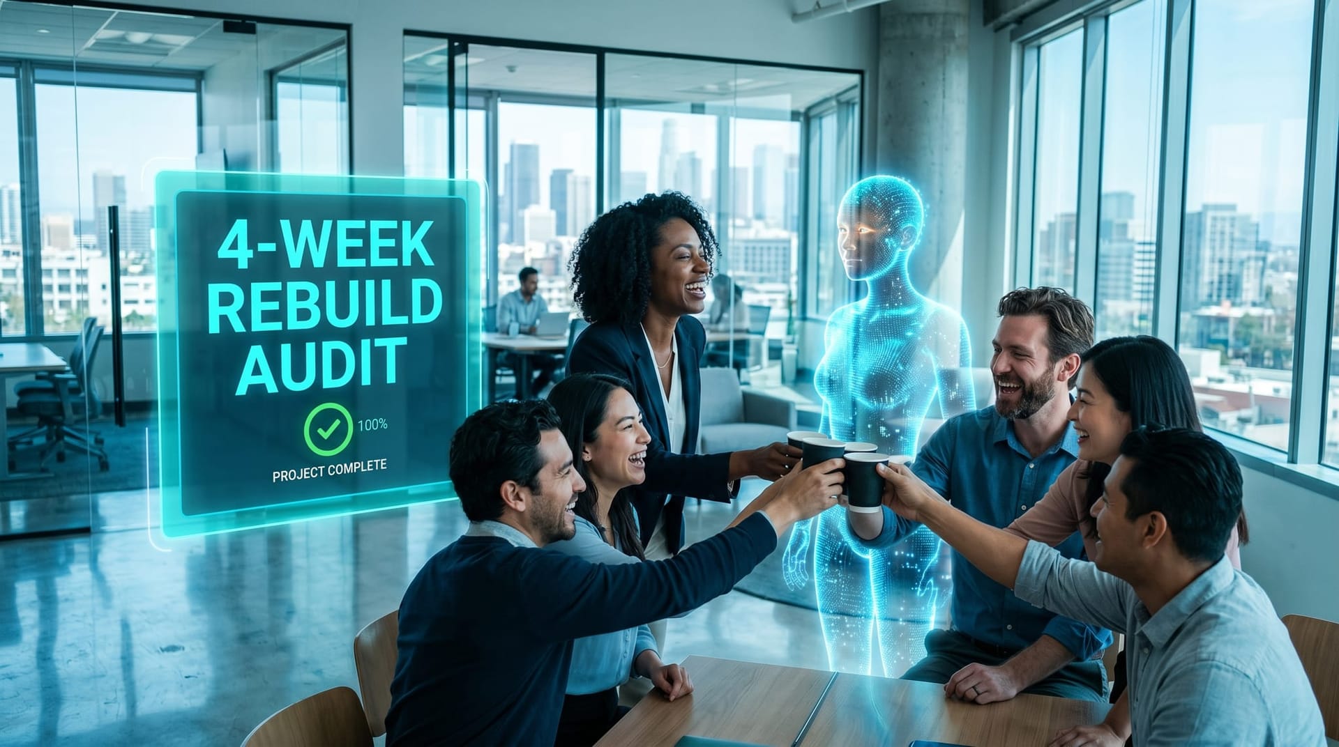 A diverse business team toasts coffee cups in celebration beside a glowing cyan 4-WEEK REBUILD AUDIT panel and a translucent AI avatar in a bright cool-lit modern office