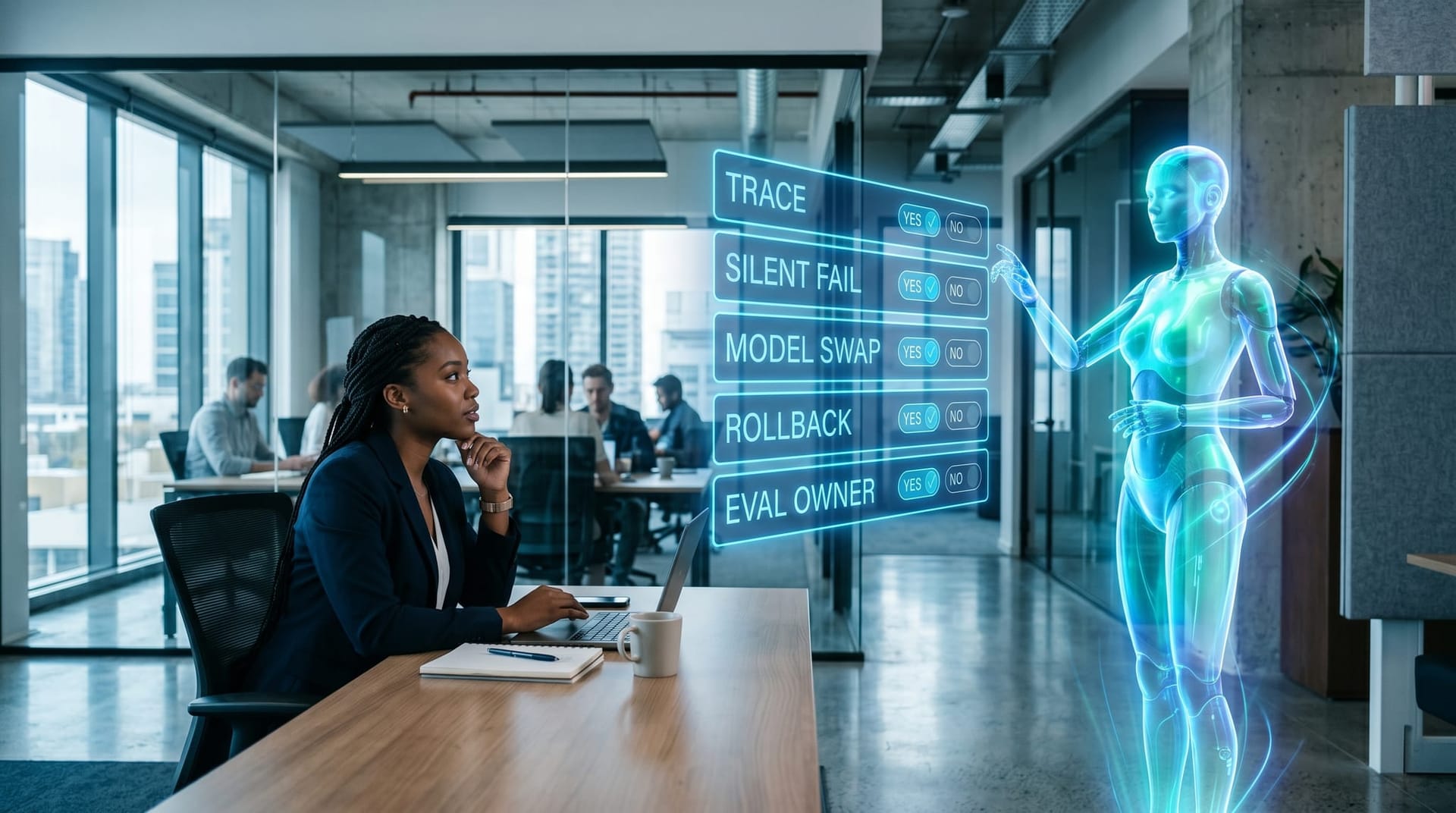 A translucent cyan holographic AI avatar presents a glowing five-signal checklist panel to a seated business professional, illustrating an AI agent reliability diagnostic in a cool-lit office