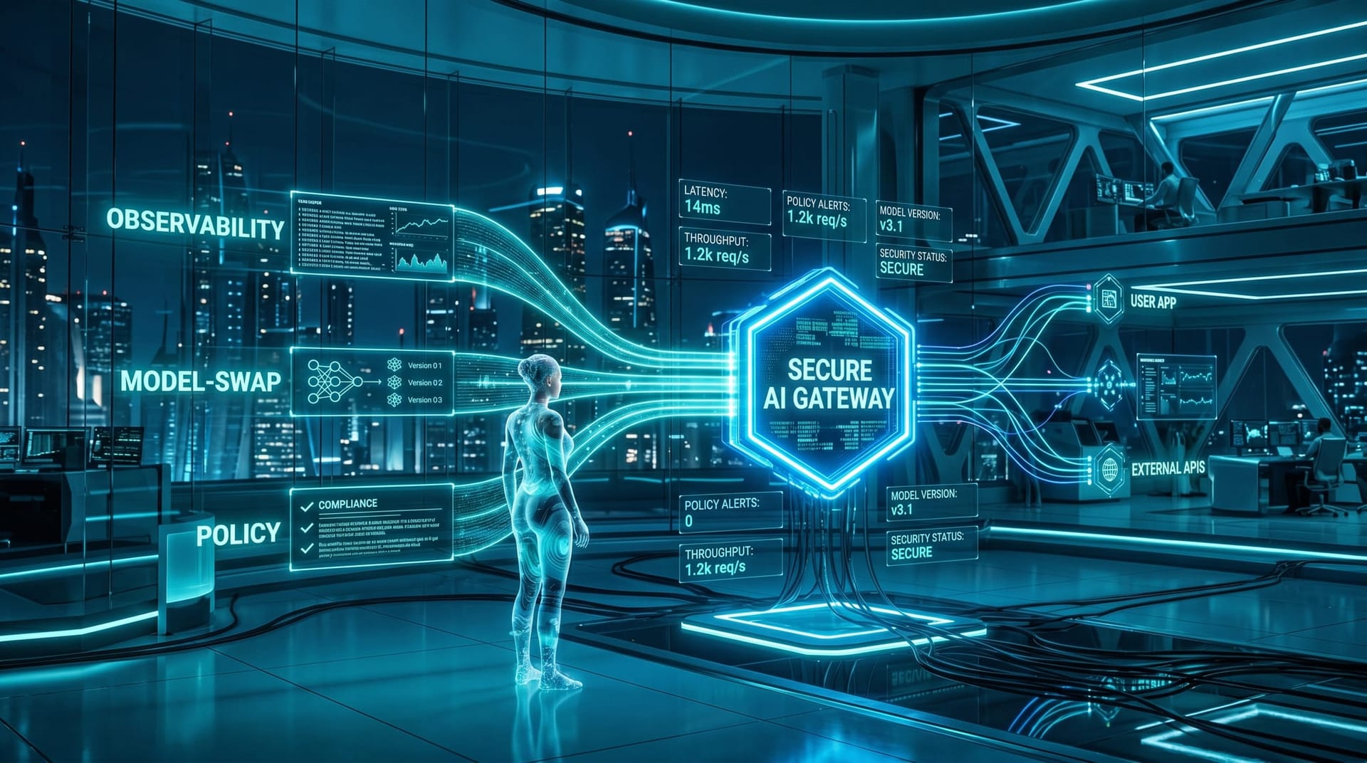 An architecture visualization shows three glowing cyan layers converging into one SECURE AI GATEWAY node labeled OBSERVABILITY MODEL-SWAP POLICY in a futuristic cool-lit control room