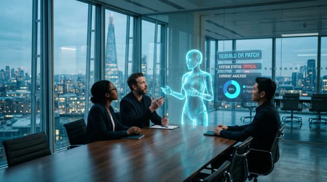 A diverse business team leans toward a translucent cyan holographic AI avatar beside a glowing REBUILD OR PATCH decision panel, framing AI agent reliability 2026 in a glass office