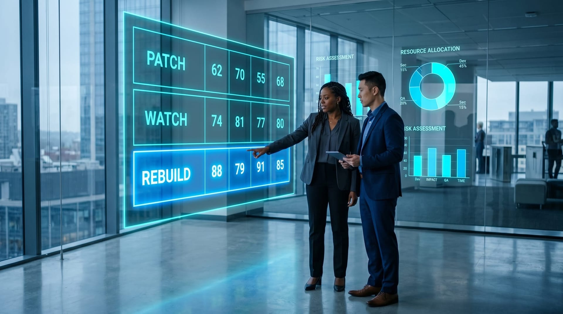 Two diverse business professionals study a glowing cyan decision-matrix grid labeled PATCH and REBUILD with row scores, mapping AI agent rebuild signals in a modern glass office