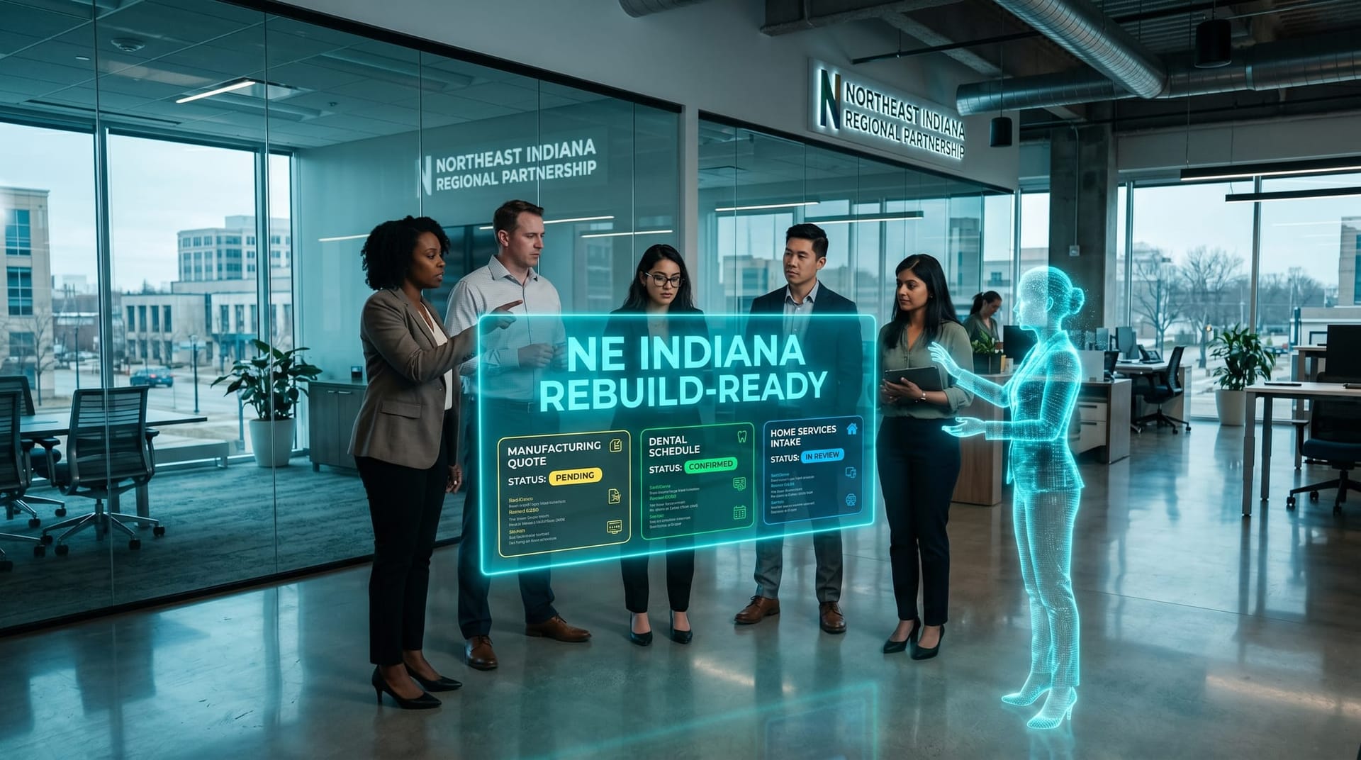 A mid-sized Northeast Indiana glass office team reviews a glowing cyan NE INDIANA REBUILD-READY panel with three vertical scenario cards, in a cool-lit professional workspace