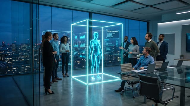 Business team watching a translucent cyan holographic AI employee contained inside a glowing sandbox boundary with an AI runtime containment security dashboard