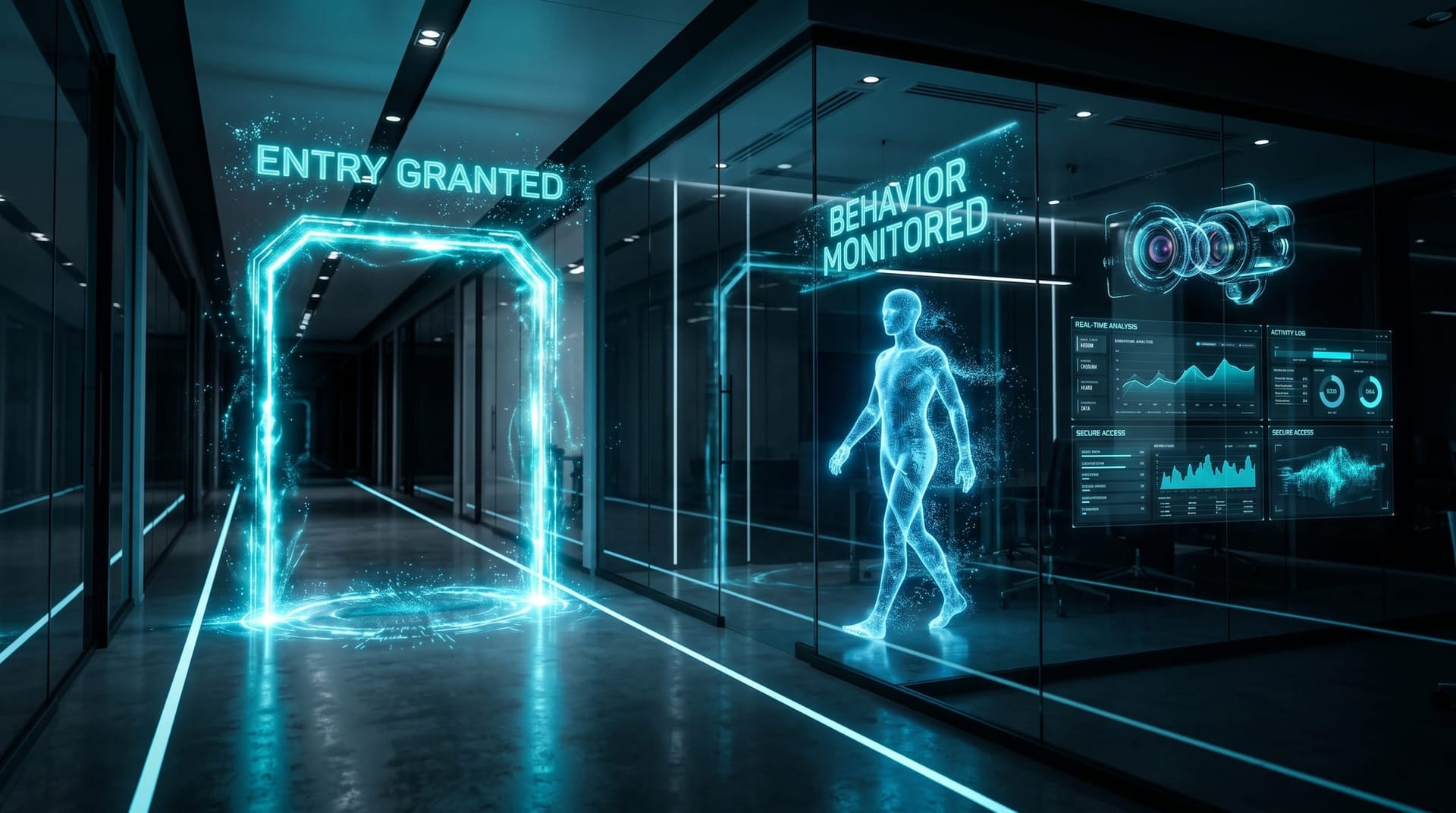 Holographic locked door of blue light beside an open supervised room, illustrating that AI agent identity gates entry while runtime containment governs behavior