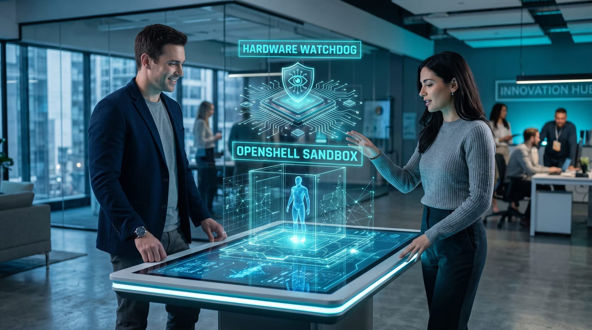 Two colleagues comparing a free software sandbox layer and a hardware watchdog layer for AI agent containment on a floating cyan holographic architecture diagram